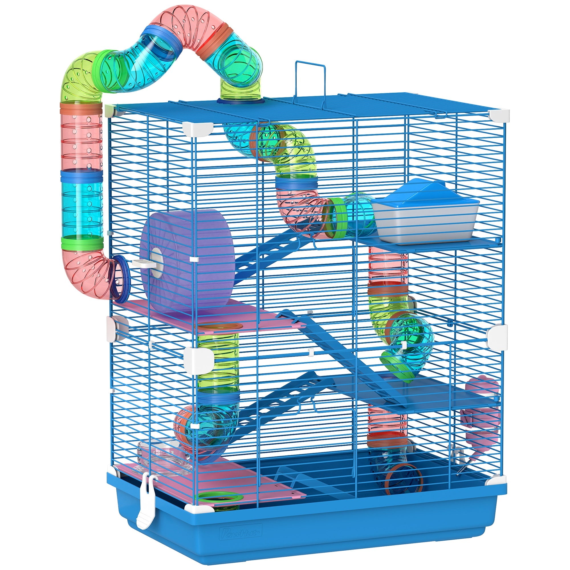 PawHut 5 Tier Hamster Cage Carrier Habitat w Exercise Wheels, Tunnel, Blue