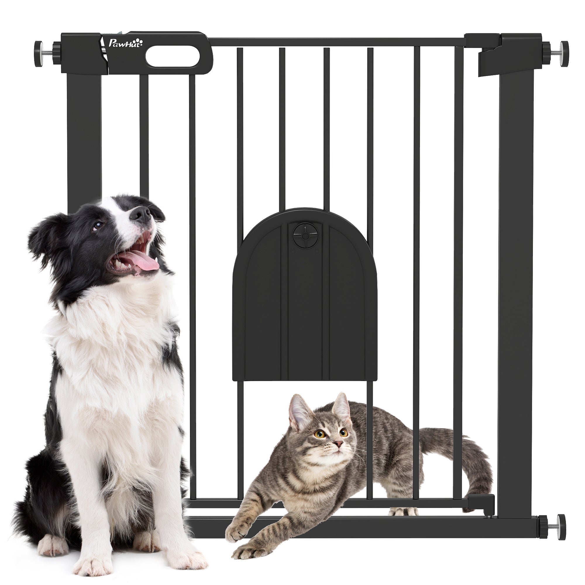 PawHut Dog Gate with Cat Flap Pet Safety Gate Barrier, Stair Pressure Fit, Auto Close, Double Locking, for Doorways, Hallways, 75-82 cm Black