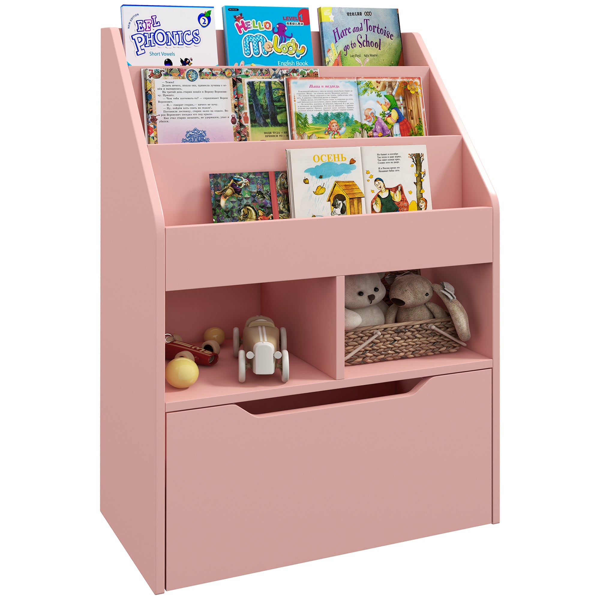 HOMCOM Kids Bookshelf, Toy Organiser, with Storage Drawer, Wheels - Pink - North Peak Garden Furniture