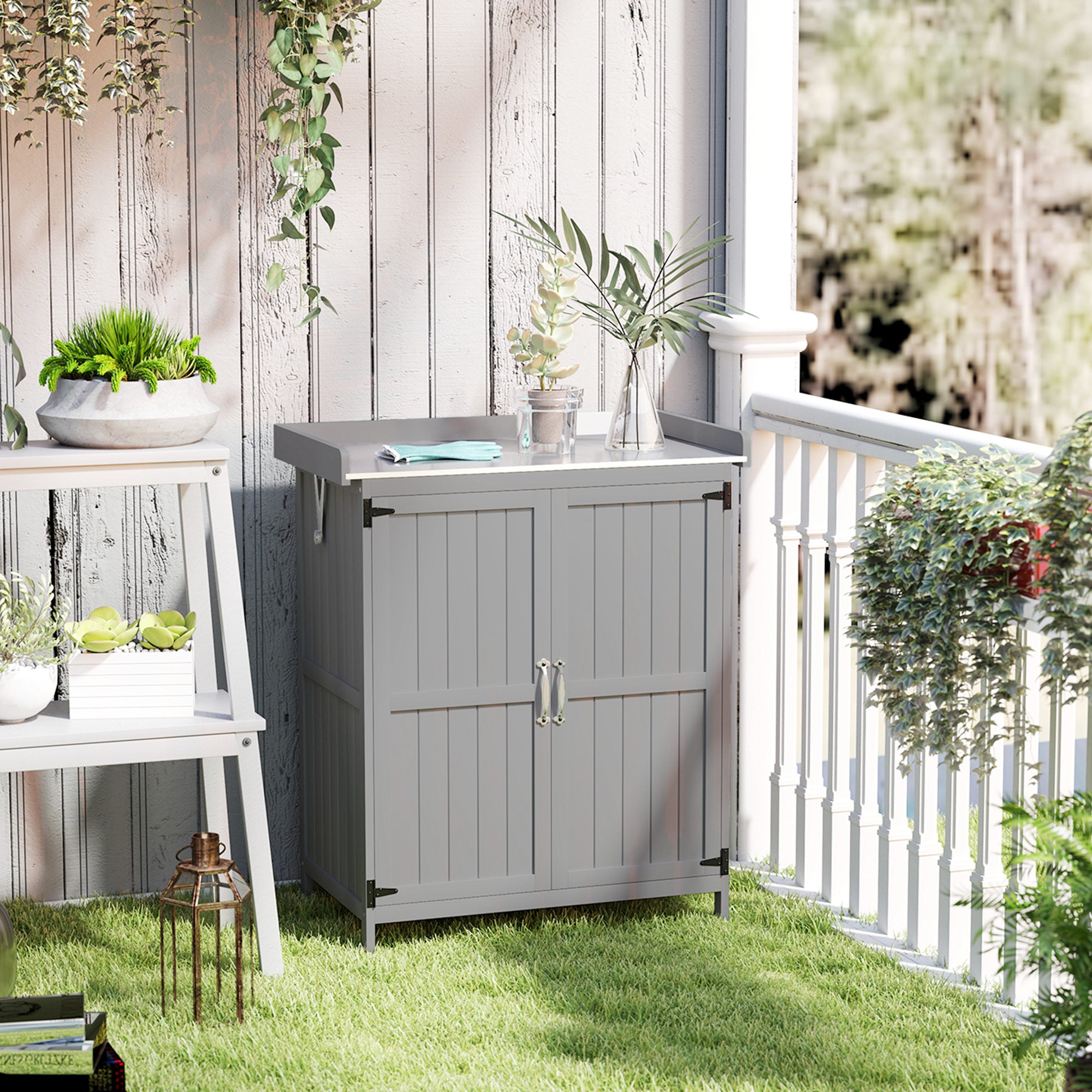 Outsunny Wooden Garden Shed, Garden Tool Storage Shed with Hinged Roof and Shelf, Outdoor Storage Cabinet with Double Doors, Grey - North Peak Garden Furniture