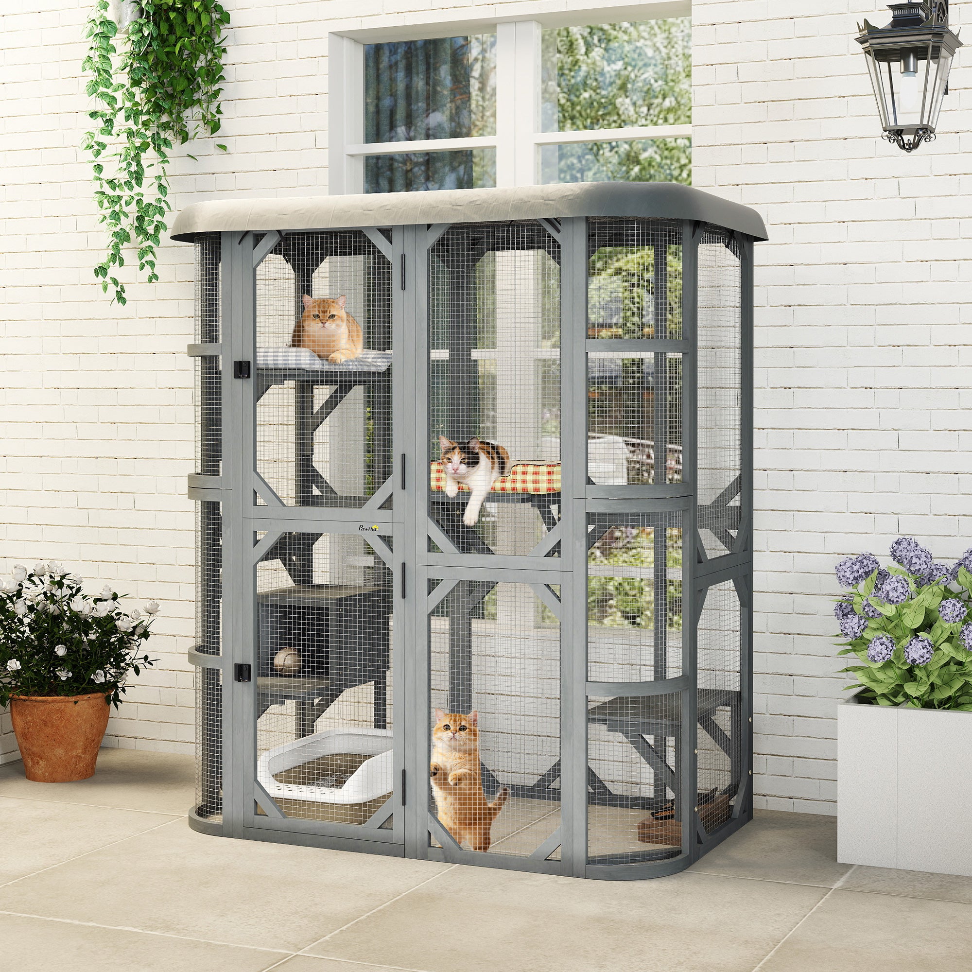 PawHut Catio Outdoor Cat Enclosure, Wooden Cat House with Platforms, Condo and Waterproof Cover for 2–3 Kittens, Grey