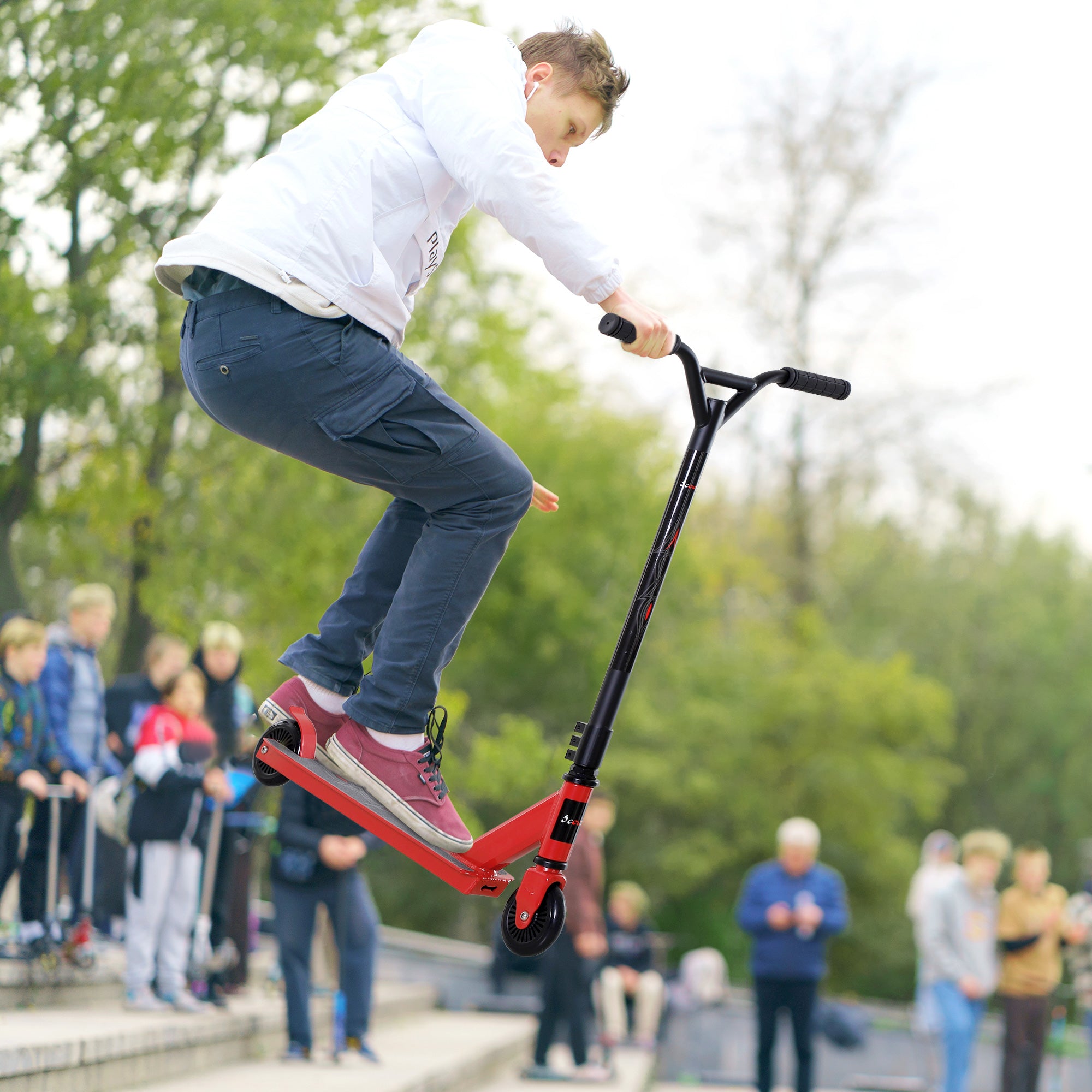 HOMCOM Street Stunt Scooter Intermediate and Beginner Freestyle Tricks Scooters For 14+ Teens Adult w/ Rear φ10cm Wheel & Brake - Red - North Peak Garden Furniture