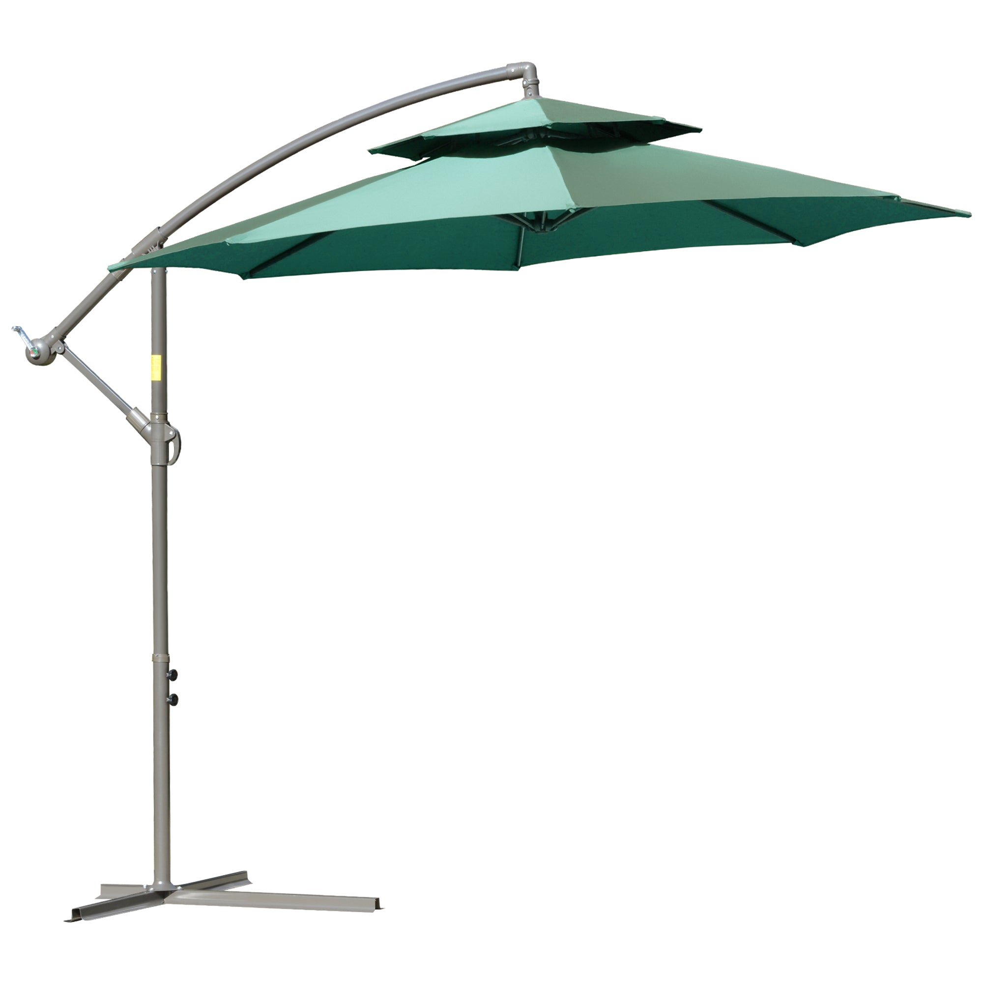 Outsunny 2.7m Banana Parasol Cantilever Umbrella with Crank Handle, Double Tier Canopy and Cross Base for Outdoor, Hanging Sun Shade, Green - North Peak Garden Furniture