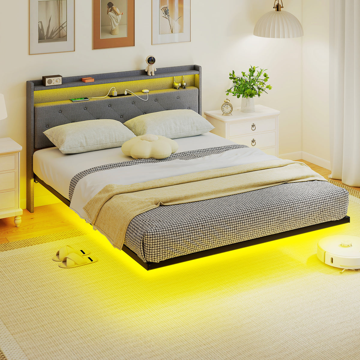 HOMCOM Floating Bed Frame, Upholstered 5ft King Size Bed, Platform Bed with RGB LED Lights and Charging Station, Grey