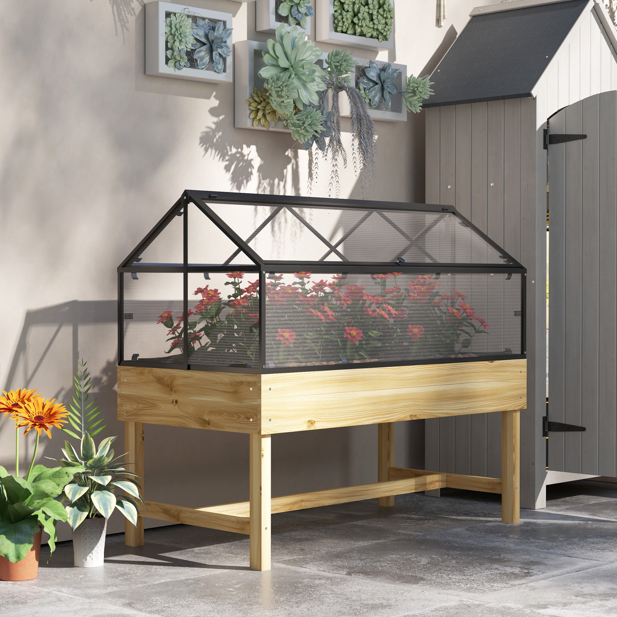 Outsunny 60 x 120cm Raised Garden Bed with Wooden Base - Natural - North Peak Garden Furniture