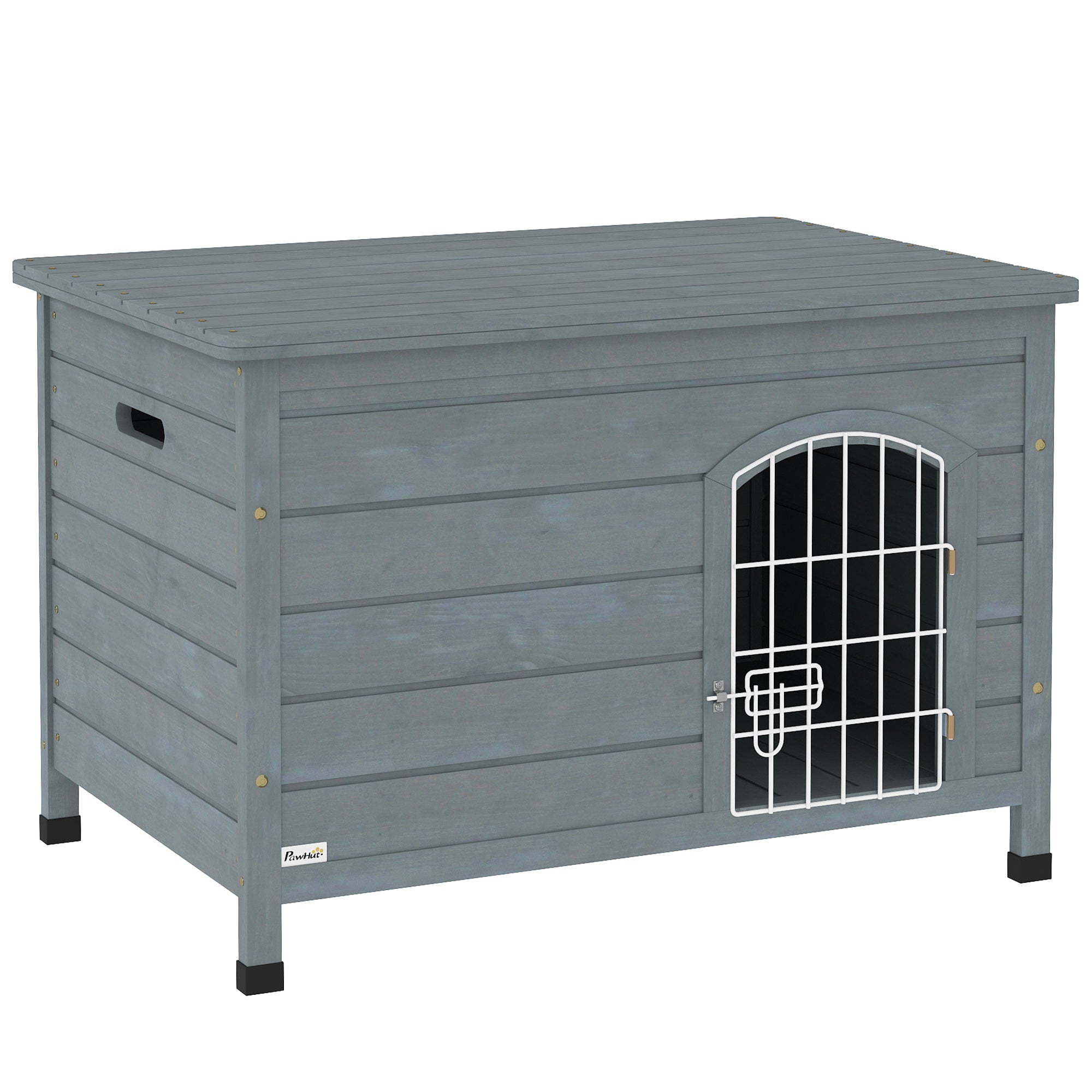 PawHut Wooden Dog House with Removable Bottom, Wire Door, Openable Top, Pet Shelter for Small Dog, 80 x 55 x 53.5cm, Dark Grey - North Peak Garden Furniture