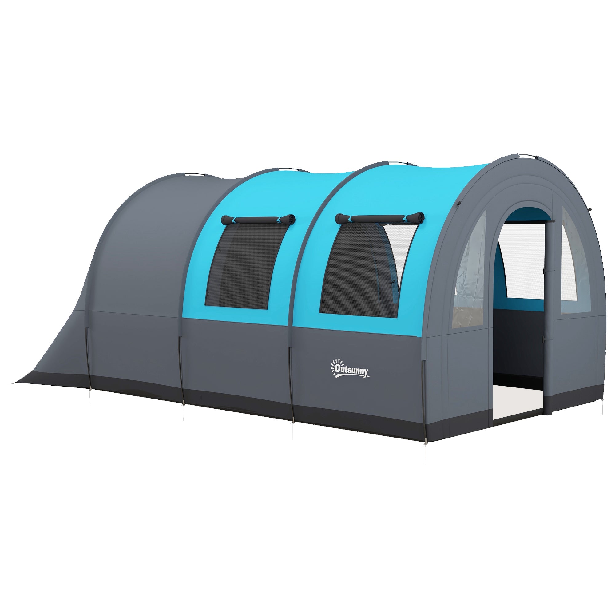Outsunny Six Man Duo Room Tunnel Tent, with Accessories - Grey/Blue - North Peak Garden Furniture