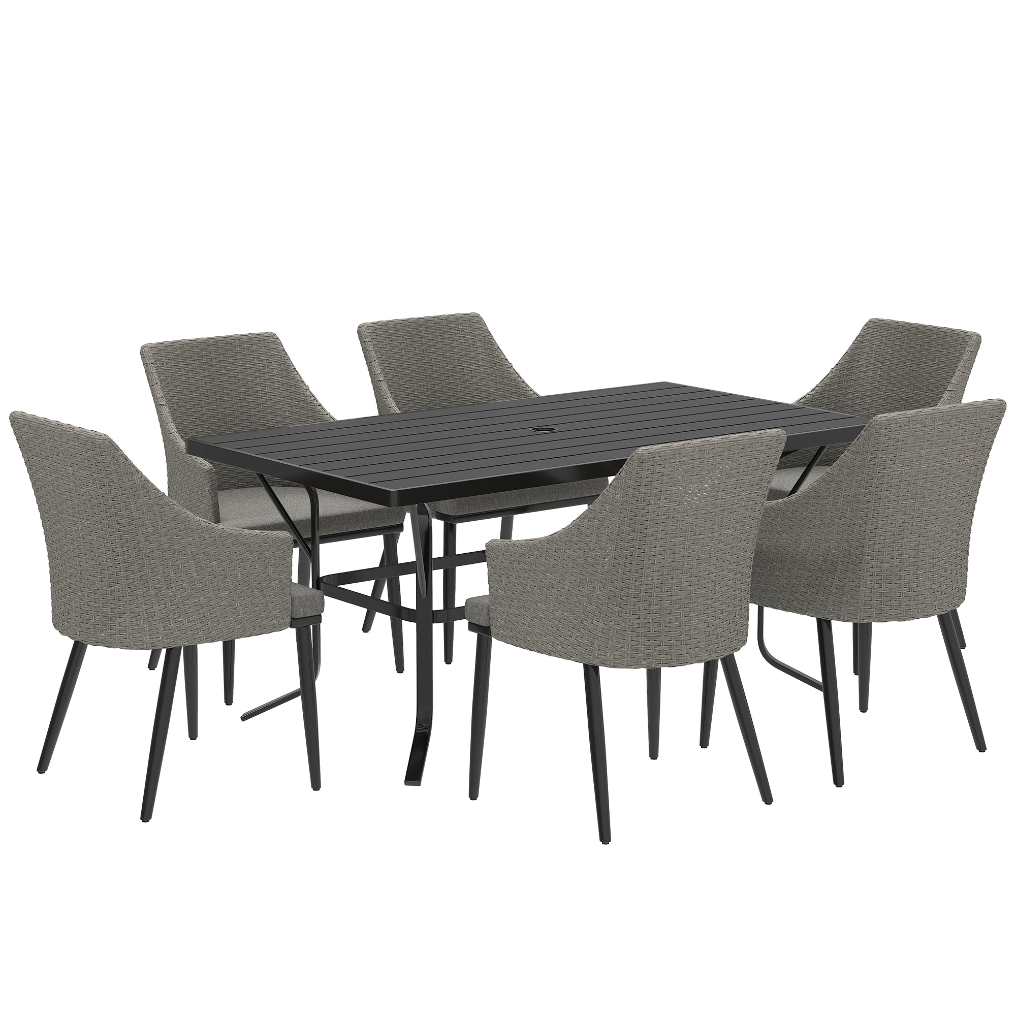 Outsunny 6 Seater Rattan Dining Set with Cushions, Garden Furniture Set with Armchairs, Rectangle Slatted Table Top, Steel Frame, Parasol Hole, Wicker Outdoor Furniture for Patio, Balcony, Grey - North Peak Garden Furniture