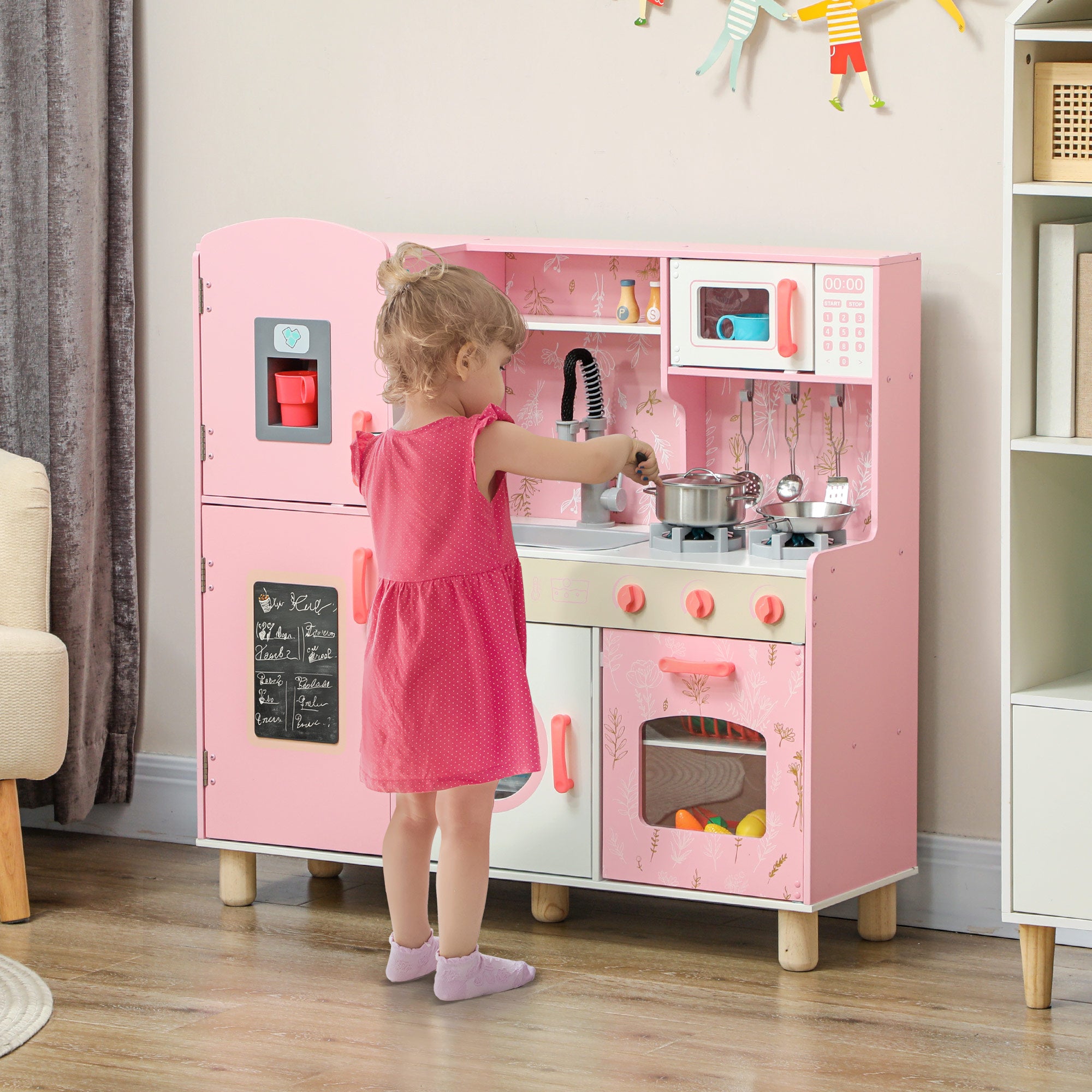 AIYAPLAY Play Kitchen, Kids Kitchen Set with Lights and Sounds, Double Stoves, Ice Maker, Chalkboard for 3+ Years - Pink - North Peak Garden Furniture