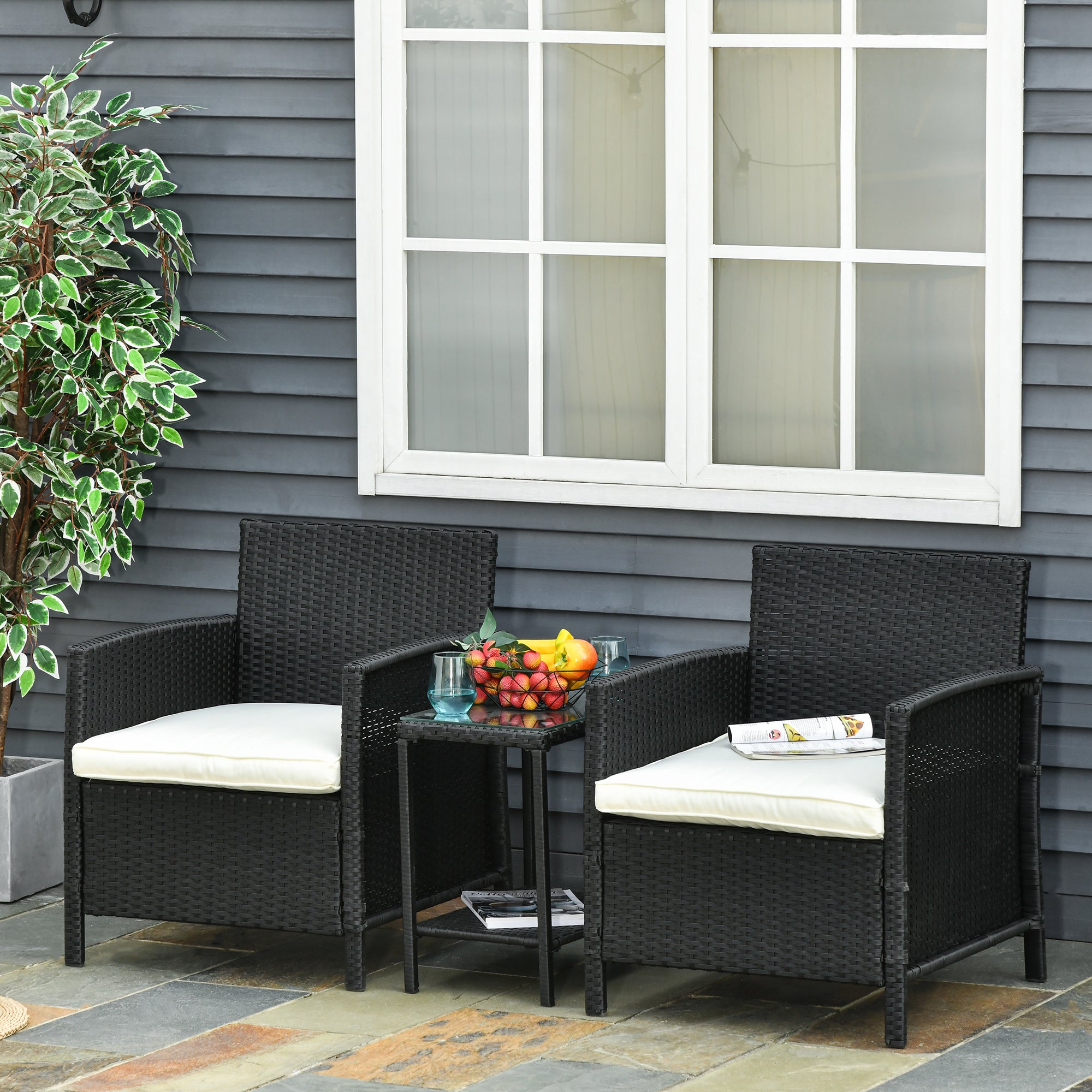 Outsunny 2-Seater PE Rattan Side Table & Armchair Bistro Set Jack and Jill Seat w/ Pillows Black - North Peak Garden Furniture