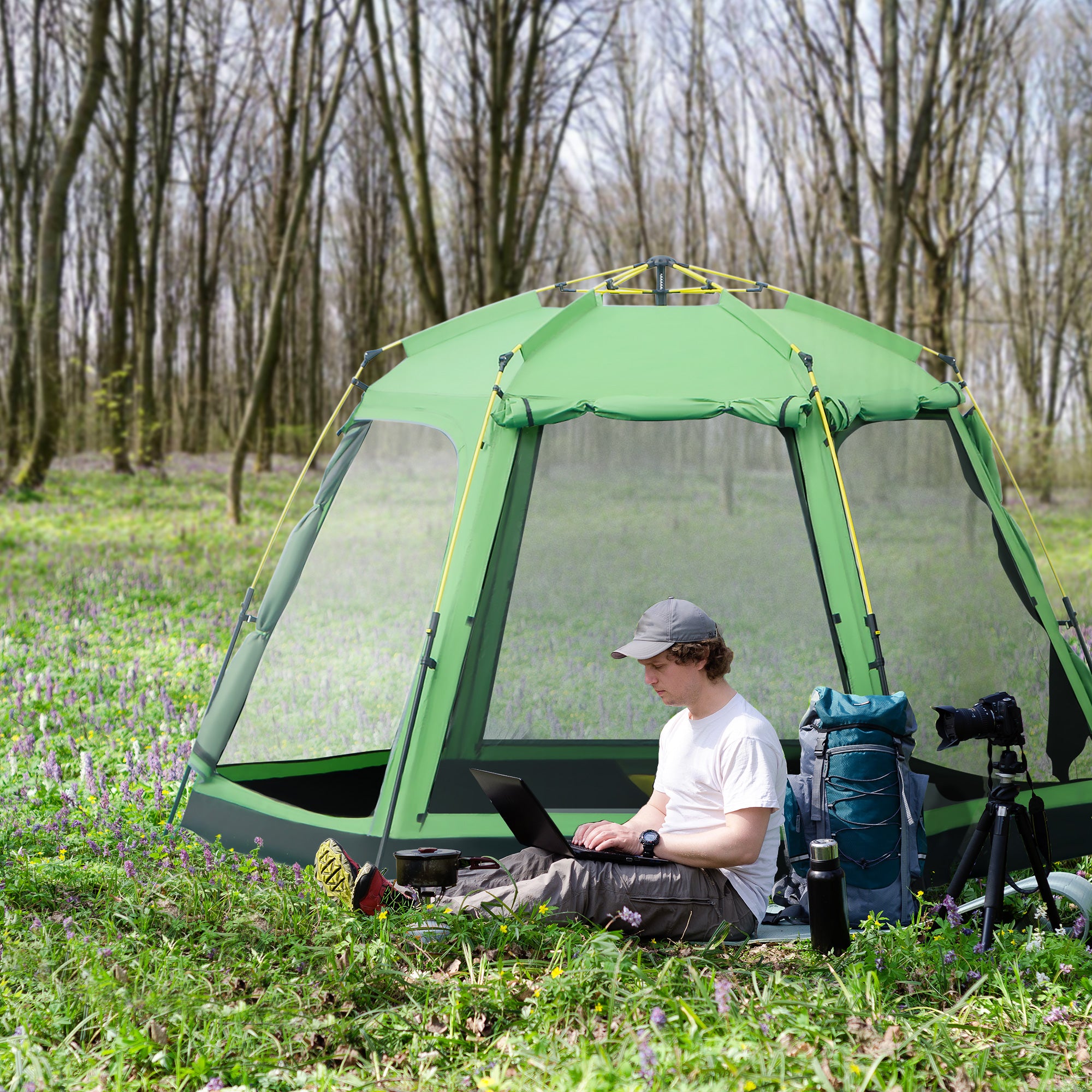 Outsunny 6 Person Pop Up Camping Tent, 2-Tier Design Backpacking Tent with 4 Windows 2 Doors Portable Carry Bag for Fishing Hiking, Green - North Peak Garden Furniture