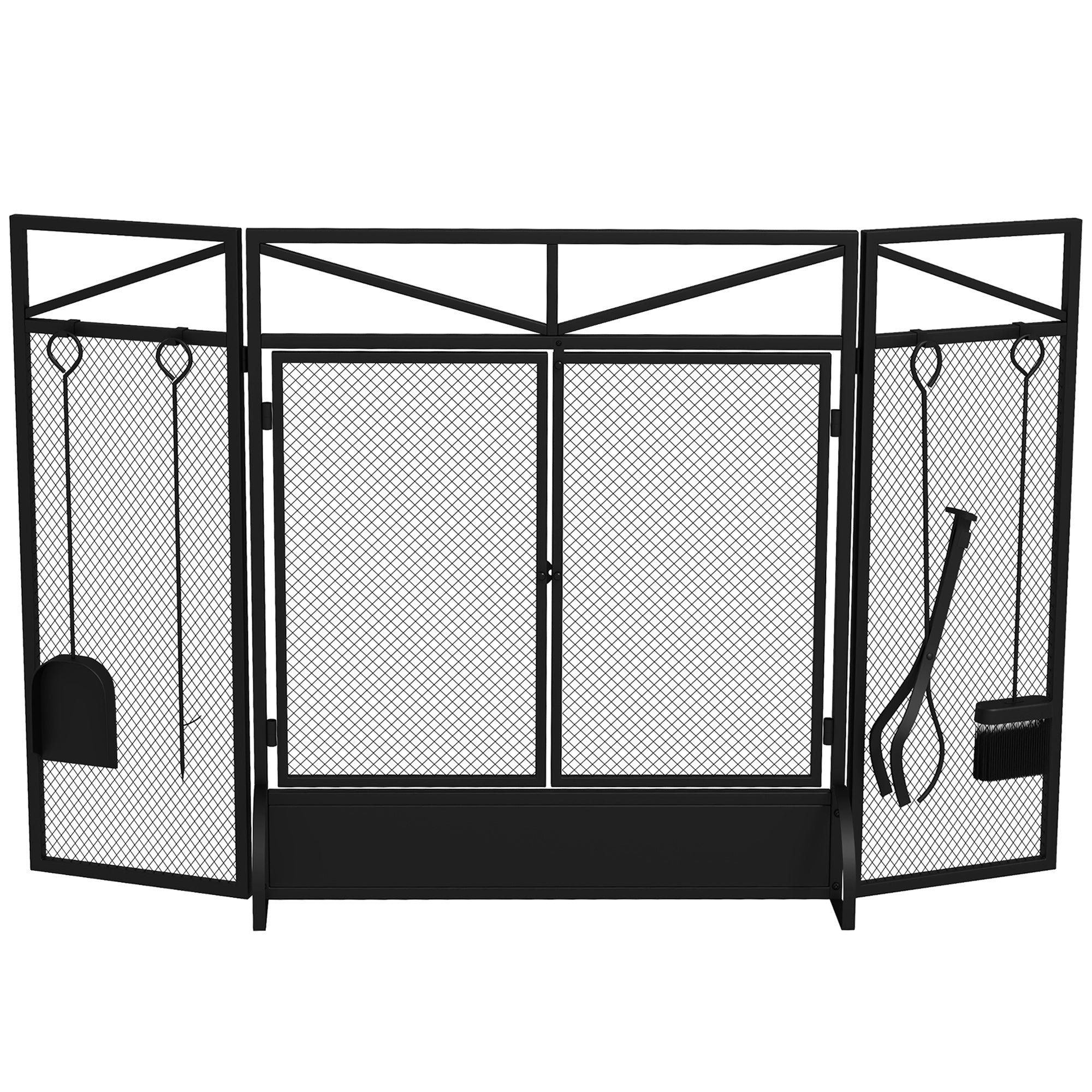 HOMCOM 3 Panel Folding Fire Guard Screen with Fireplace Tool Sets and Front Doors, Freestanding Fire Screen Spark Guard with Feet for Open Fire, Log Burner, Fireplace, 122 x77 cm, Black - North Peak Garden Furniture