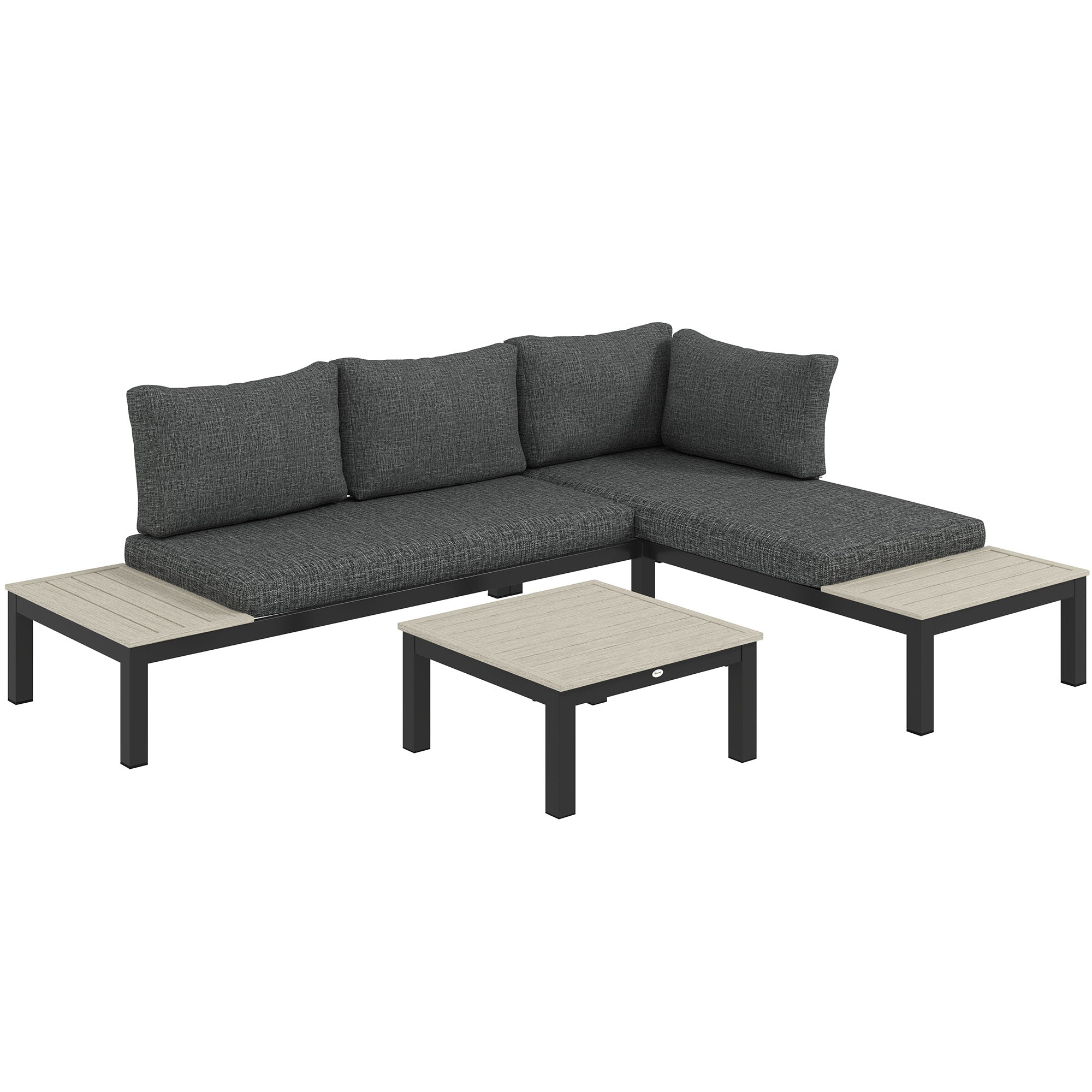 Outsunny 3 Pieces Garden Furniture Sets, Aluminium Outdoor Corner Sofa Set with 2 Loveseat and Coffee Table with Cushions for Garden, Dark Grey - North Peak Garden Furniture