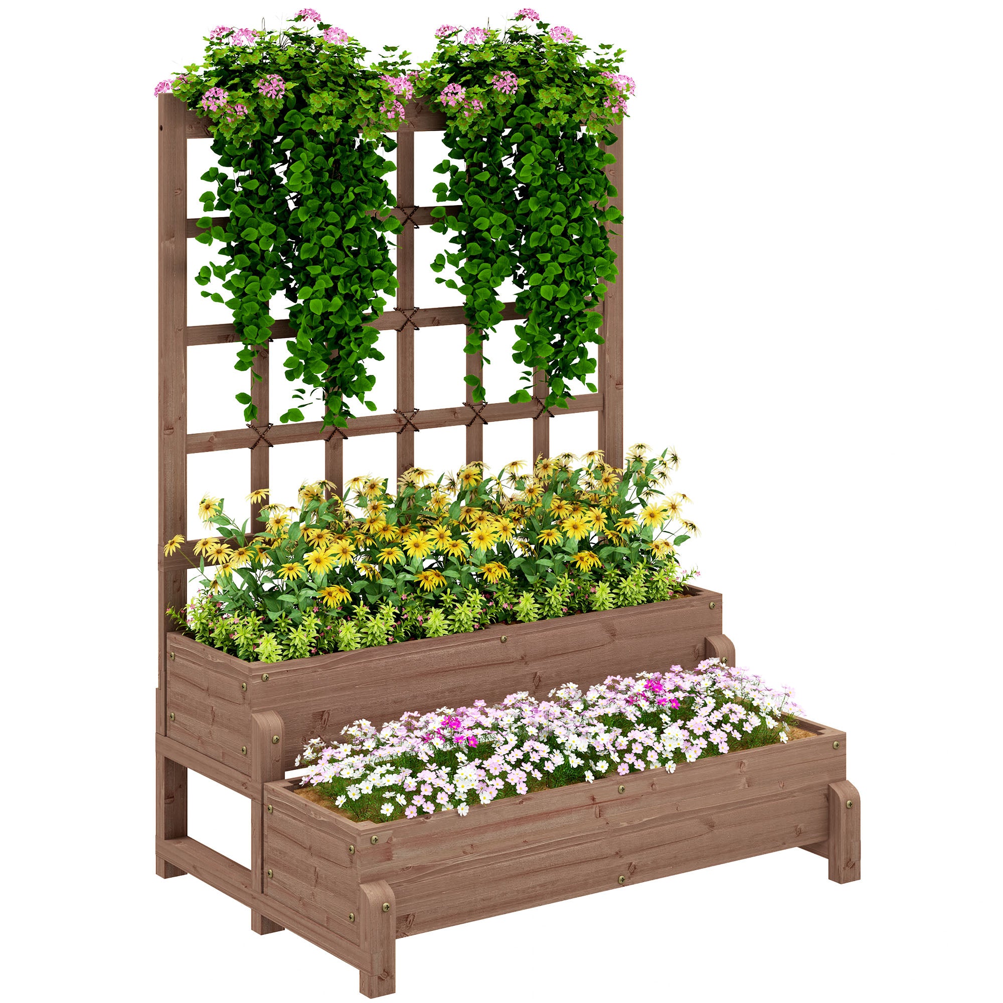 Outsunny 2-Tier Raised Garden Bed with Trellis, Wooden Elevated Planter Box with Drainage Holes, Outdoor Raised Planter for Climbing Plants, Fruits, Vegetables, Flowers, Brown - North Peak Garden Furniture