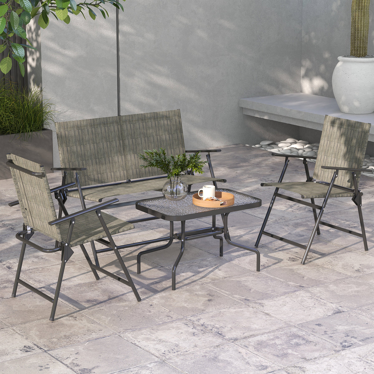 Outsunny Outdoor 4 Pieces Patio Furniture Set with Breathable Mesh Fabric Seat & Backrest, Garden Set with Two Foldable Armchairs, a Loveseat & Glass Top Table, Mixed Brown
