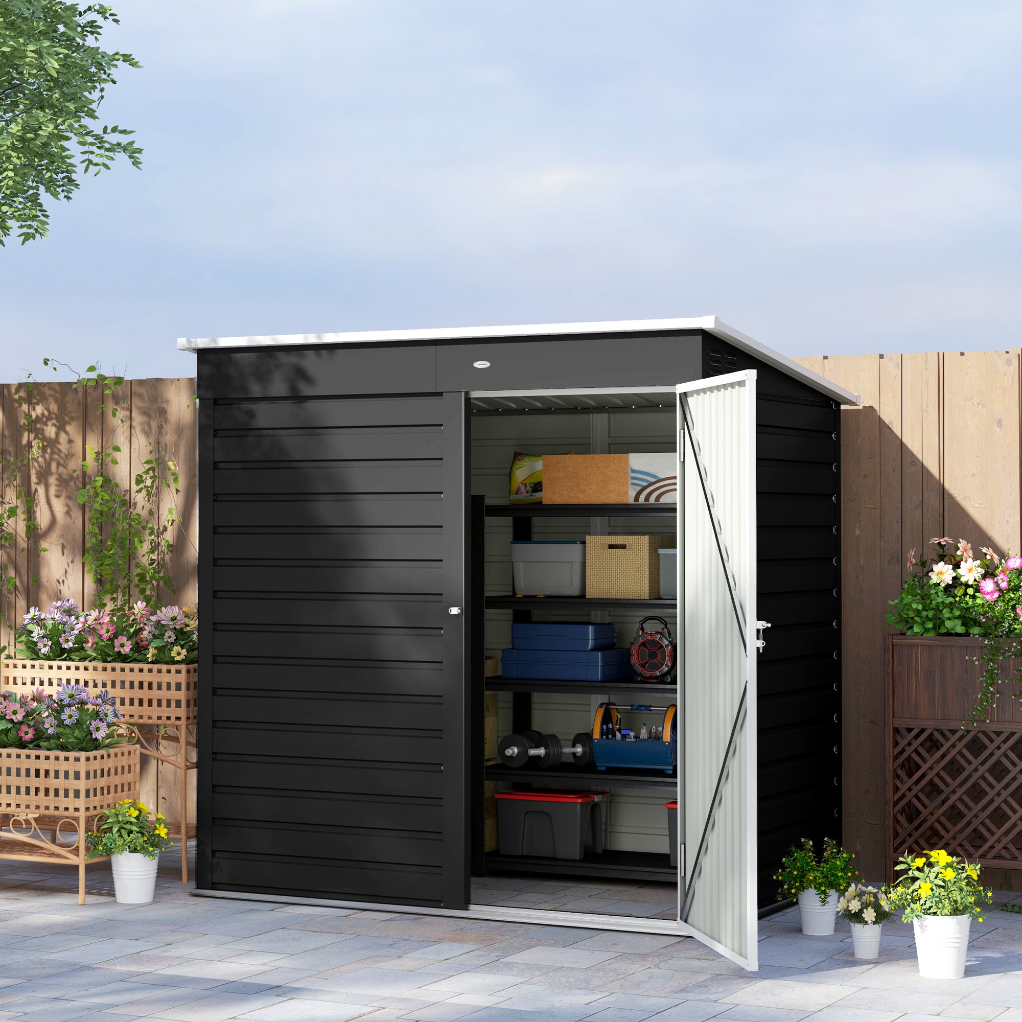 Outsunny 6 x 4ft Metal Garden Storage Shed, Outdoor Tool Storage Shed with Lockable Door and Gloves for Garden, Patio, Dark Grey - North Peak Garden Furniture