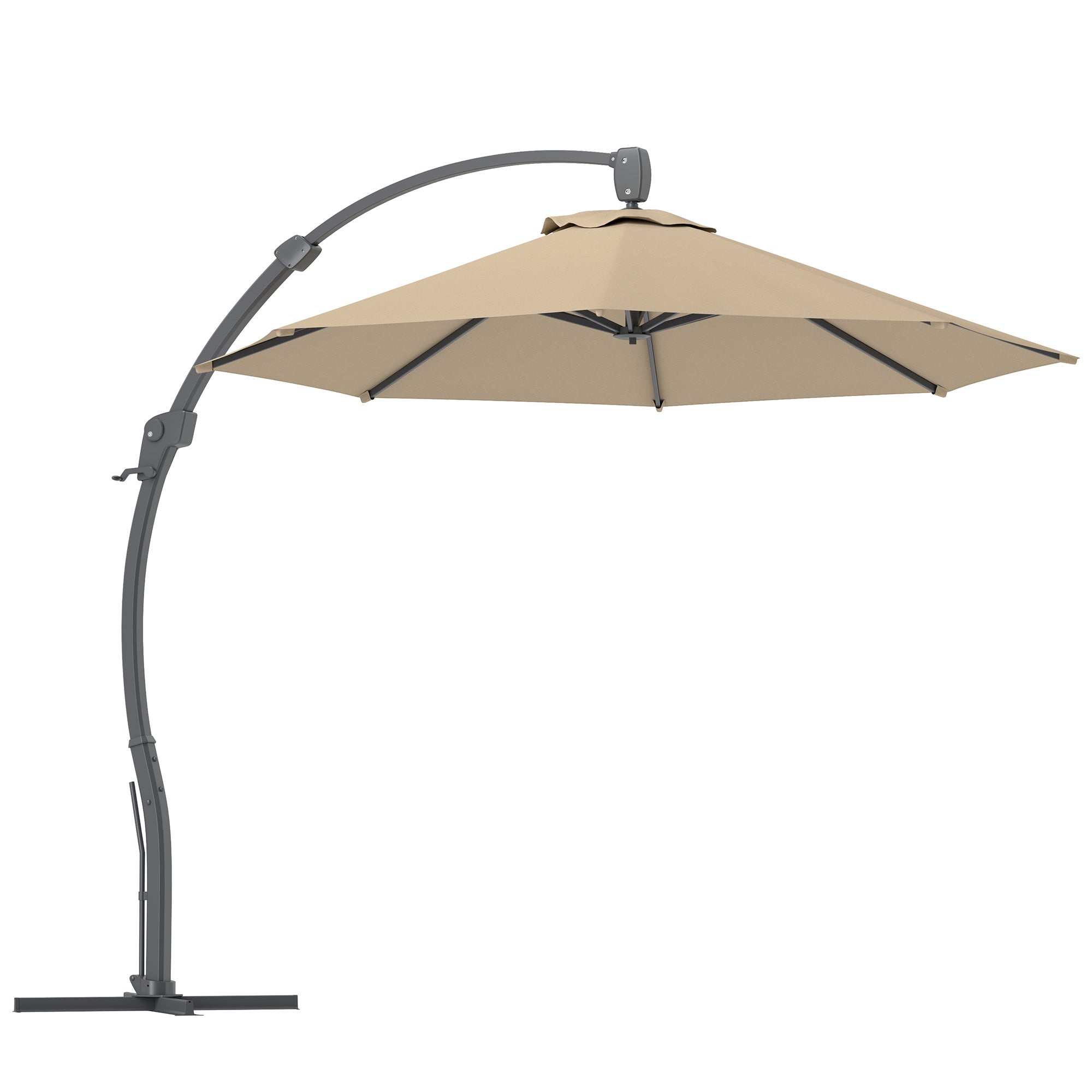Outsunny 3(m) Garden Cantilever Parasol, Round Overhanging Umbrella with Crank Handle, Cross Base, Aluminium Frame and 360° Rotation, Banana Patio Umbrella for Outdoor Sun Shade, Khaki - North Peak Garden Furniture