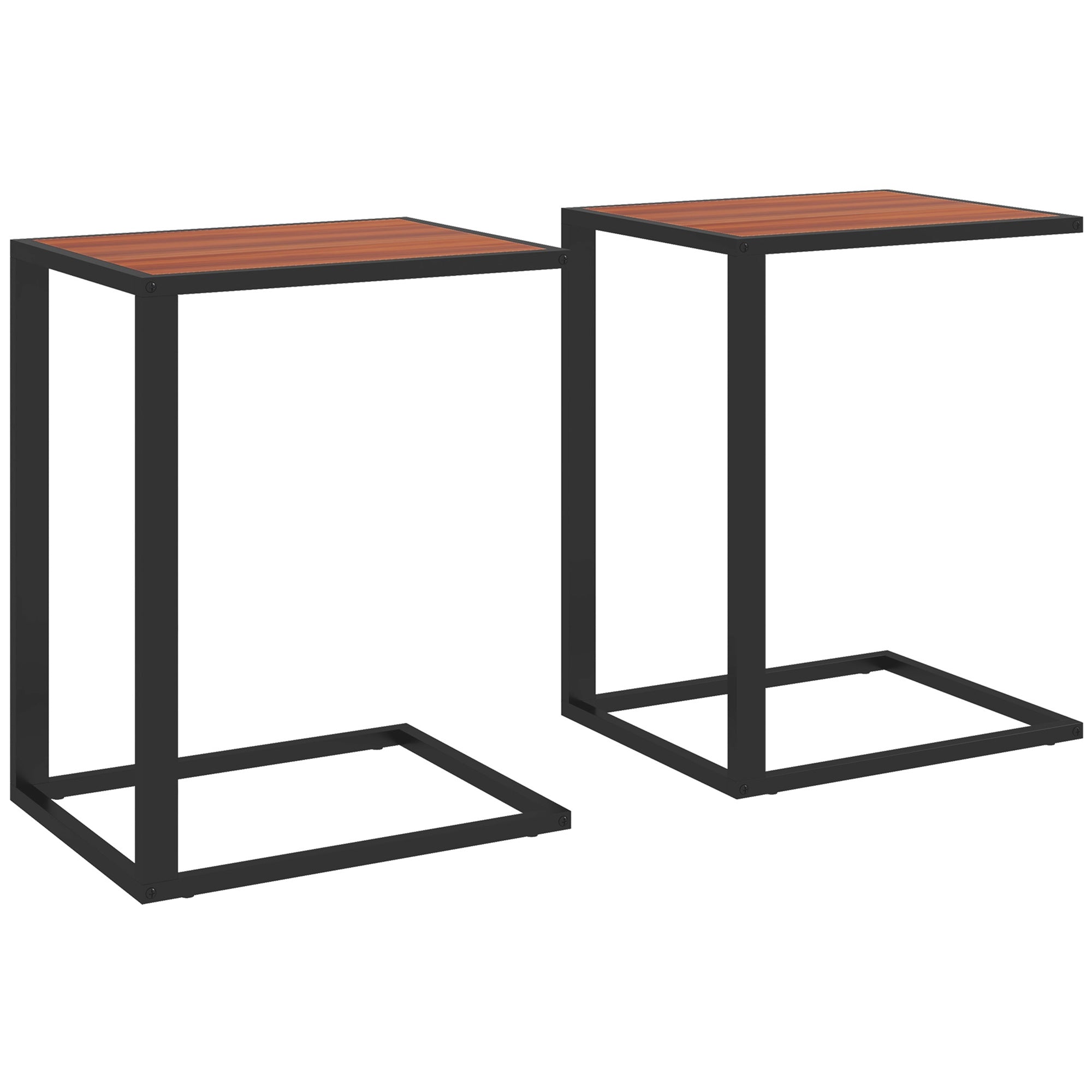 HOMCOM C-Shaped Side Table, Sofa End Table with Metal Frame, Accent Couch Table for Living room, Bedroom, Set of 2, Walnut and Black - North Peak Garden Furniture