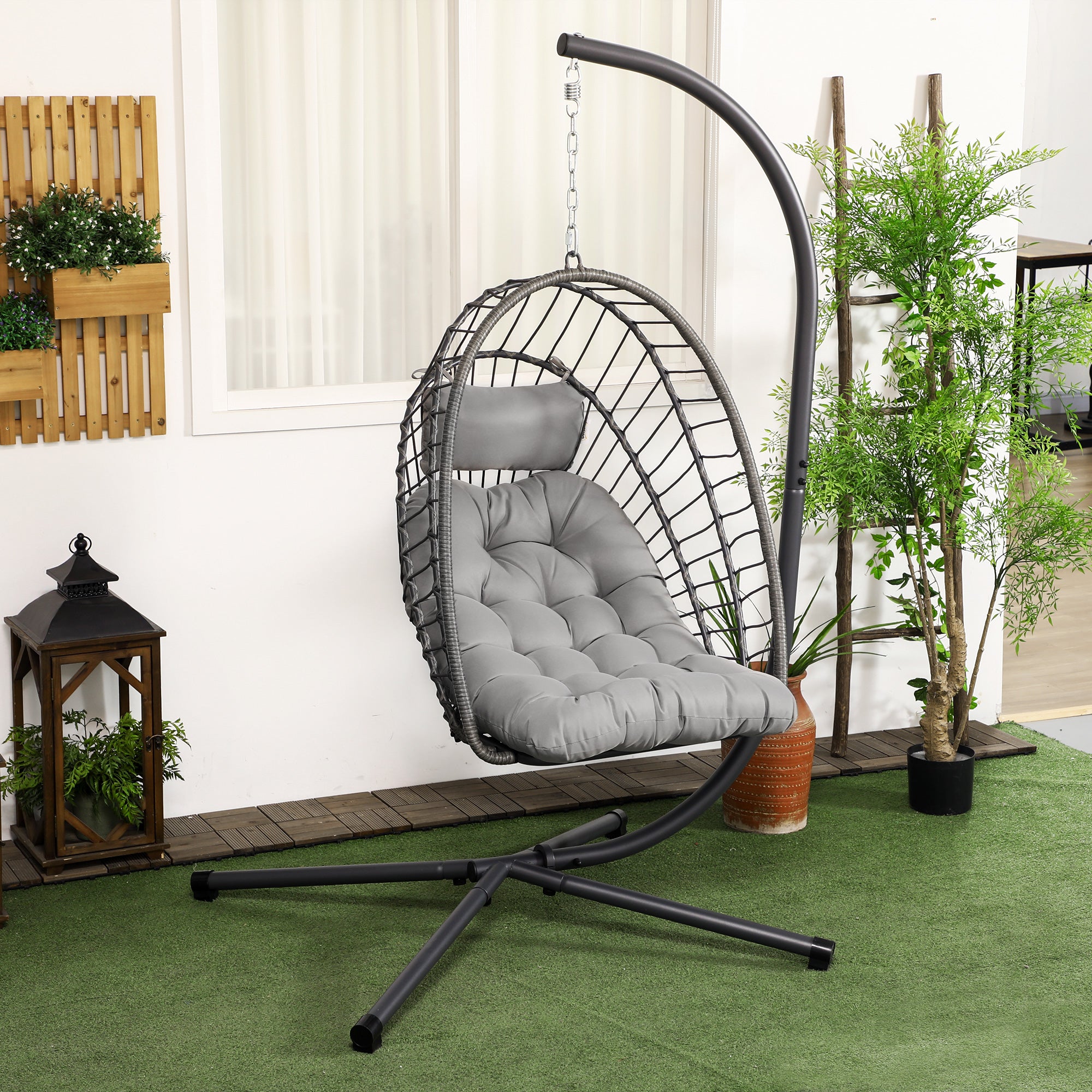 Outsunny Outdoor PE Rattan Swing Chair with Cushion, Garden Foldable Basket Patio Hanging Egg Chair with Metal Stand, Headrest, for Indoor and Outdoor, Light Grey - North Peak Garden Furniture