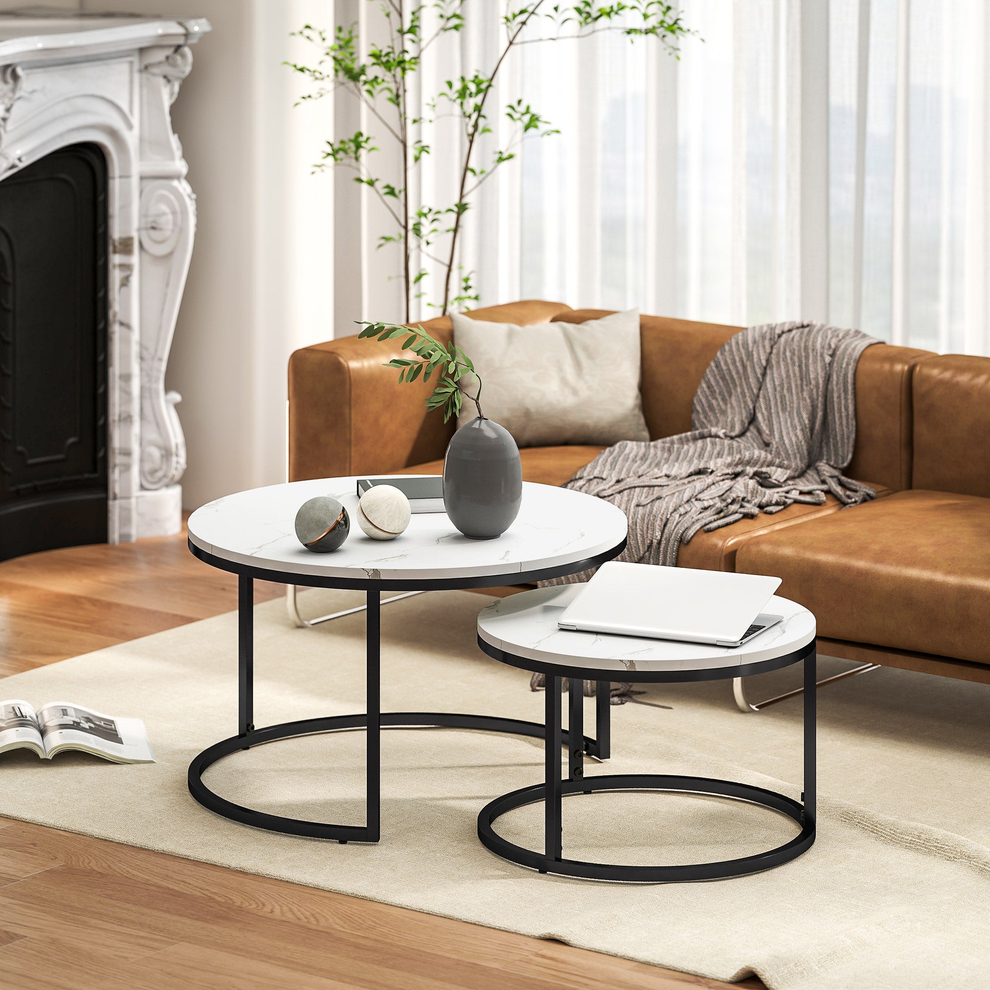 HOMCOM Set of Two Marble-Effect Stacking Tables - Black/White