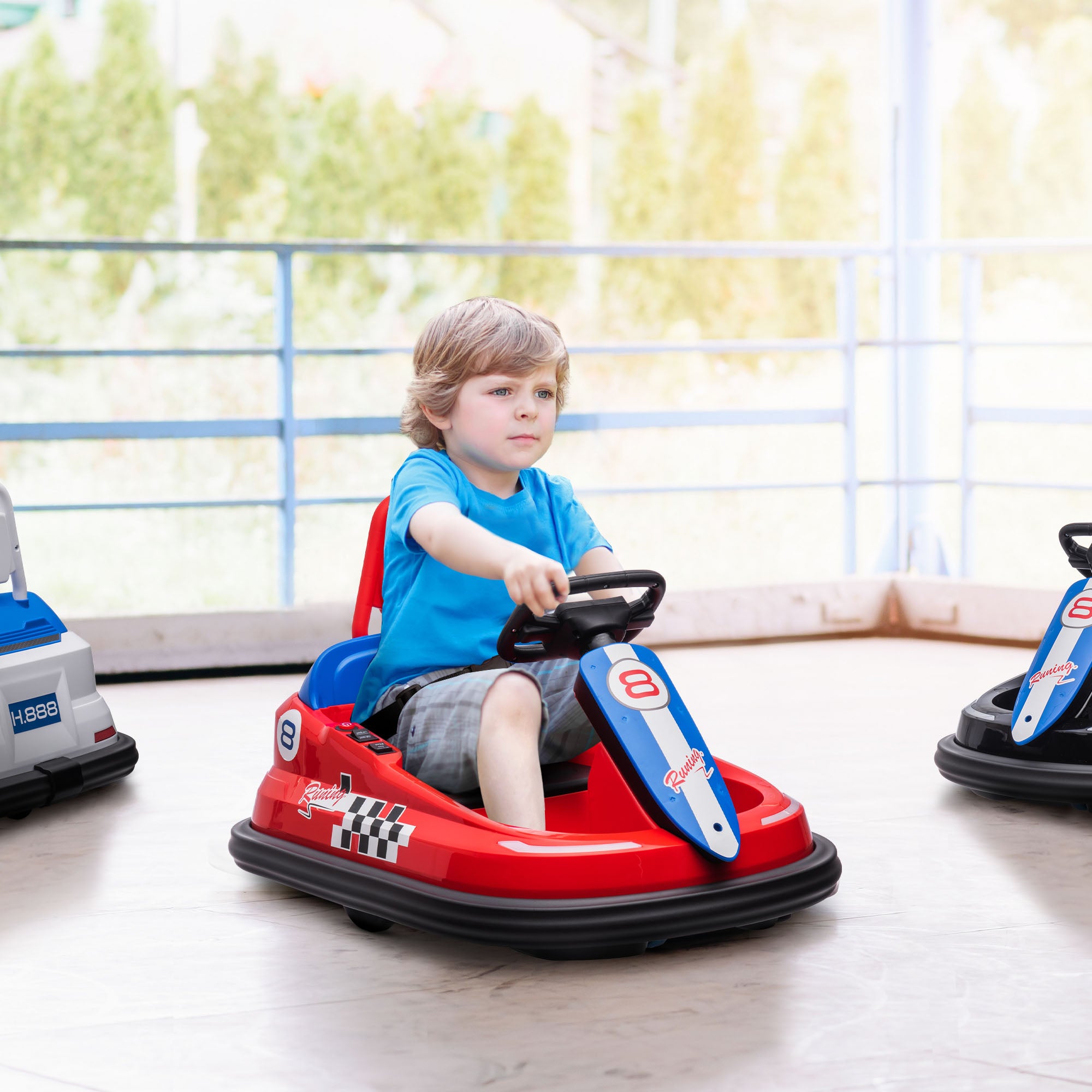 HOMCOM 6V Electric Kids Bumper Car, 6V Spin Waltz Car, with Music, Horn, Lights - Red - North Peak Garden Furniture