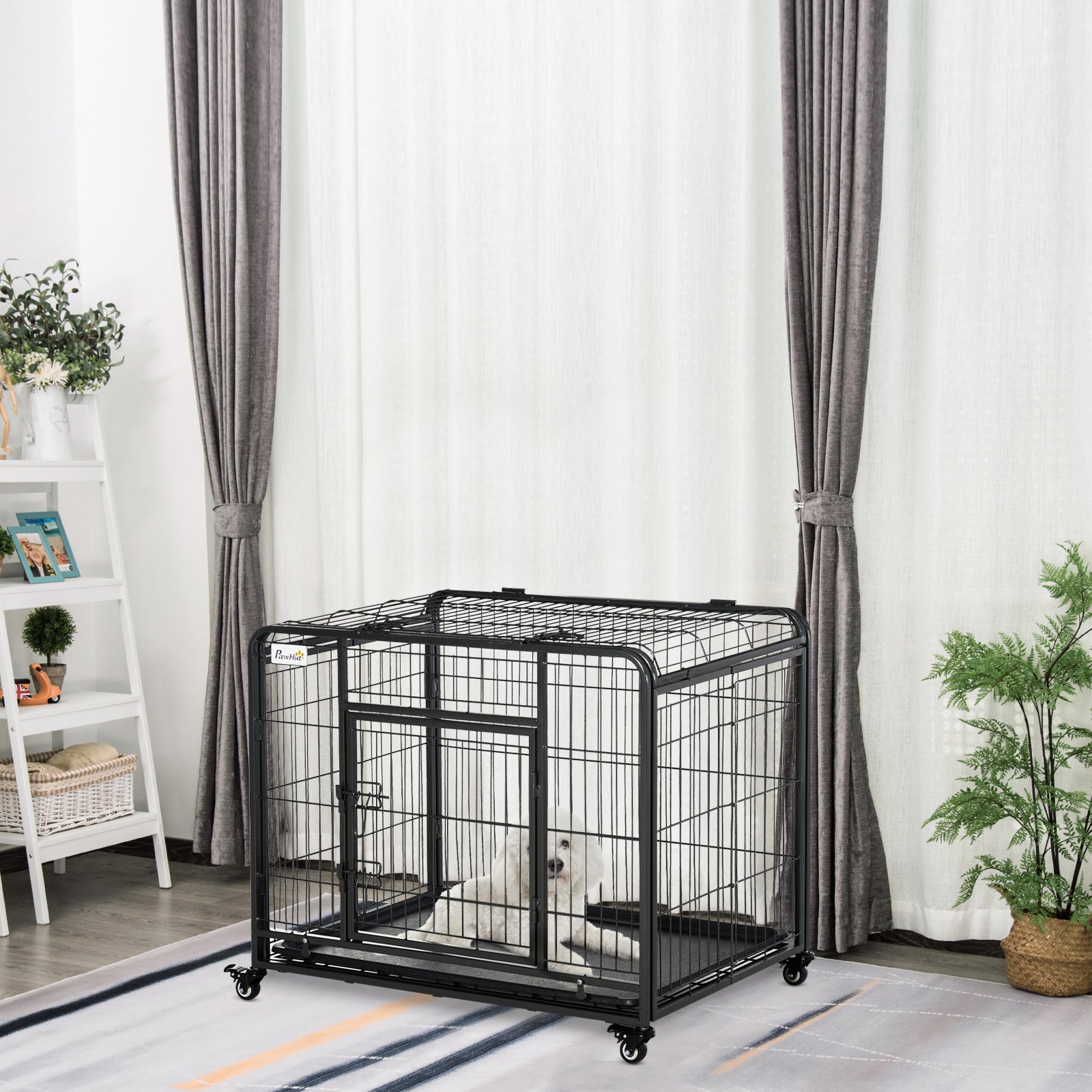 PawHut Metal Dog Cage Kennel Locking Door & Wheels Removable Tray Openable Top For Medium Pets 94 x 58 x 69.5 cm - North Peak Garden Furniture