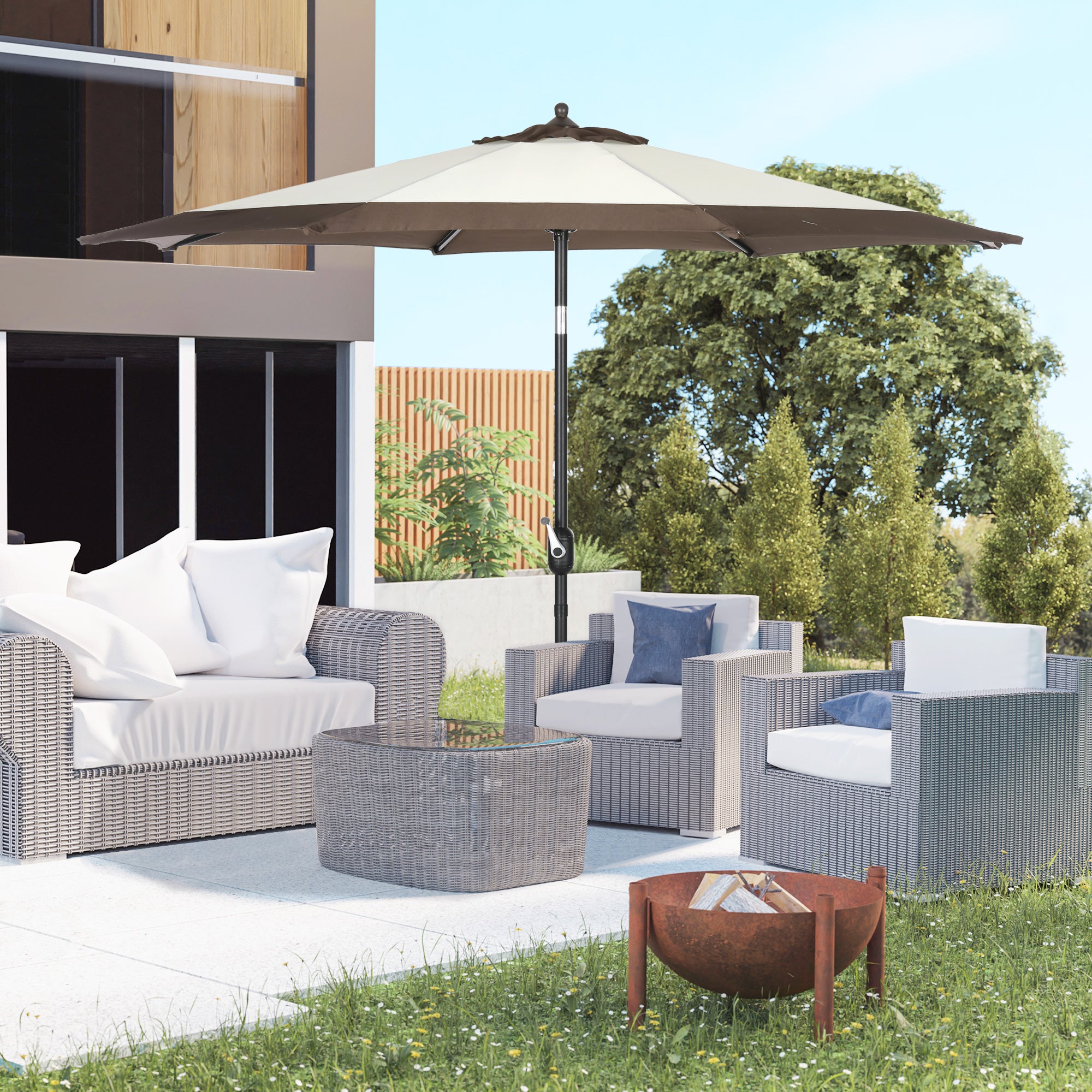 Outsunny 2.7m Garden Parasol Umbrella with 8 Metal Ribs, Tilt and Crank, Outdoor Sunshades for Garden, Patio, Beach, Yard, Coffee - North Peak Garden Furniture