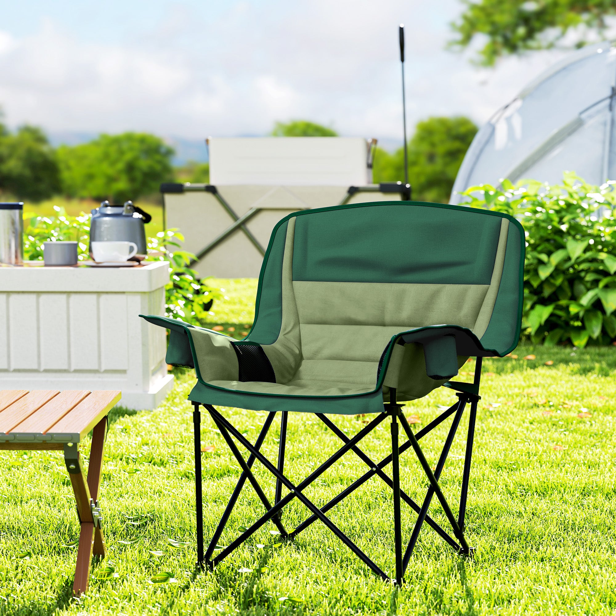 Outsunny Portable Padded Camping Chair, with Bag - Olive Green - North Peak Garden Furniture