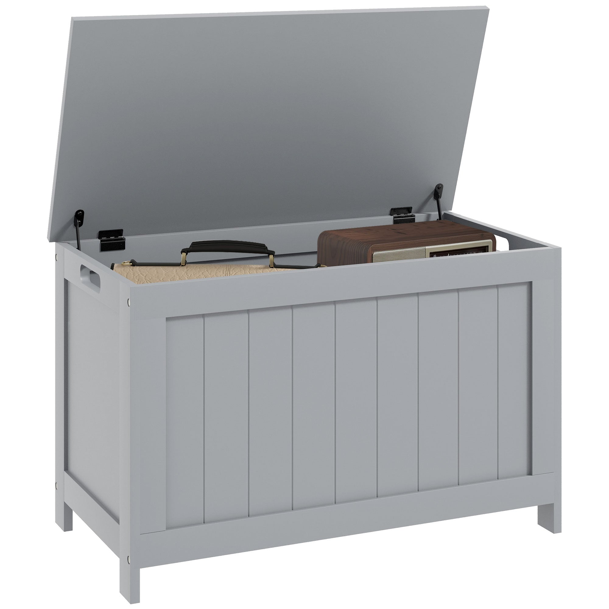 HOMCOM Storage Chest, Modern Storage Trunk with 2 Safety Hinges and Cut-out Handles, Wooden Toy Box for Living Room, Entryway, 76 x 40 x 48 cm, Grey - North Peak Garden Furniture