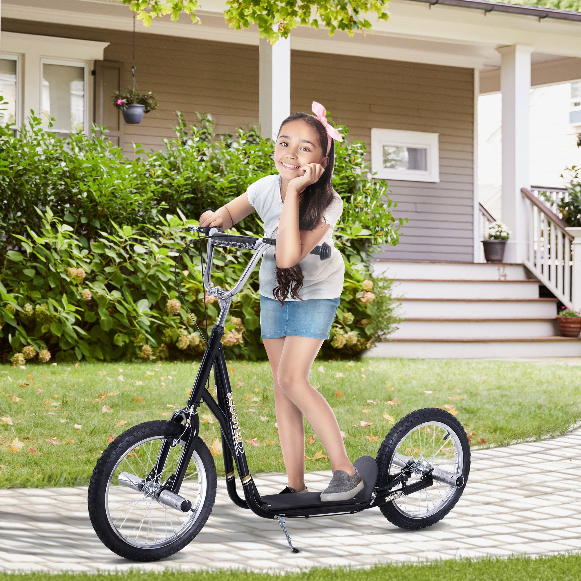 HOMCOM Teen Push Scooter Kids Children Stunt Scooter for 5+ Years with 16 Inches Wheels Adjustable Height Front Rear Dual Brakes, Black - North Peak Garden Furniture