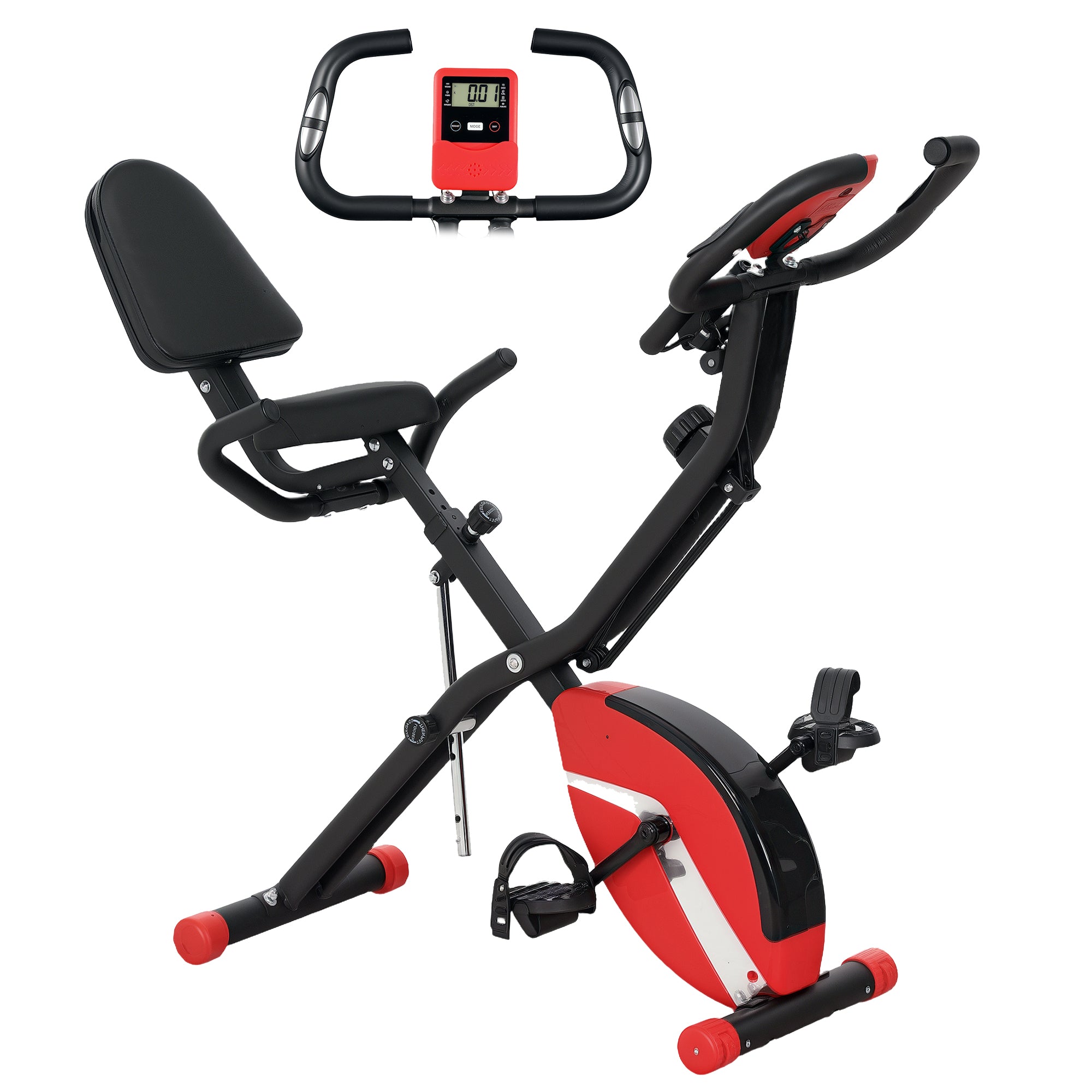 SPORTNOW 5-In-1 Folding Exercise Bike with Arm Workout Bands, 8-Level Magnetic Resistance Foldable Exercise Bike with LCD and Tablet Holder, Hand Pulse Sensor for Home Use Indoor Cycling, Red - North Peak Garden Furniture