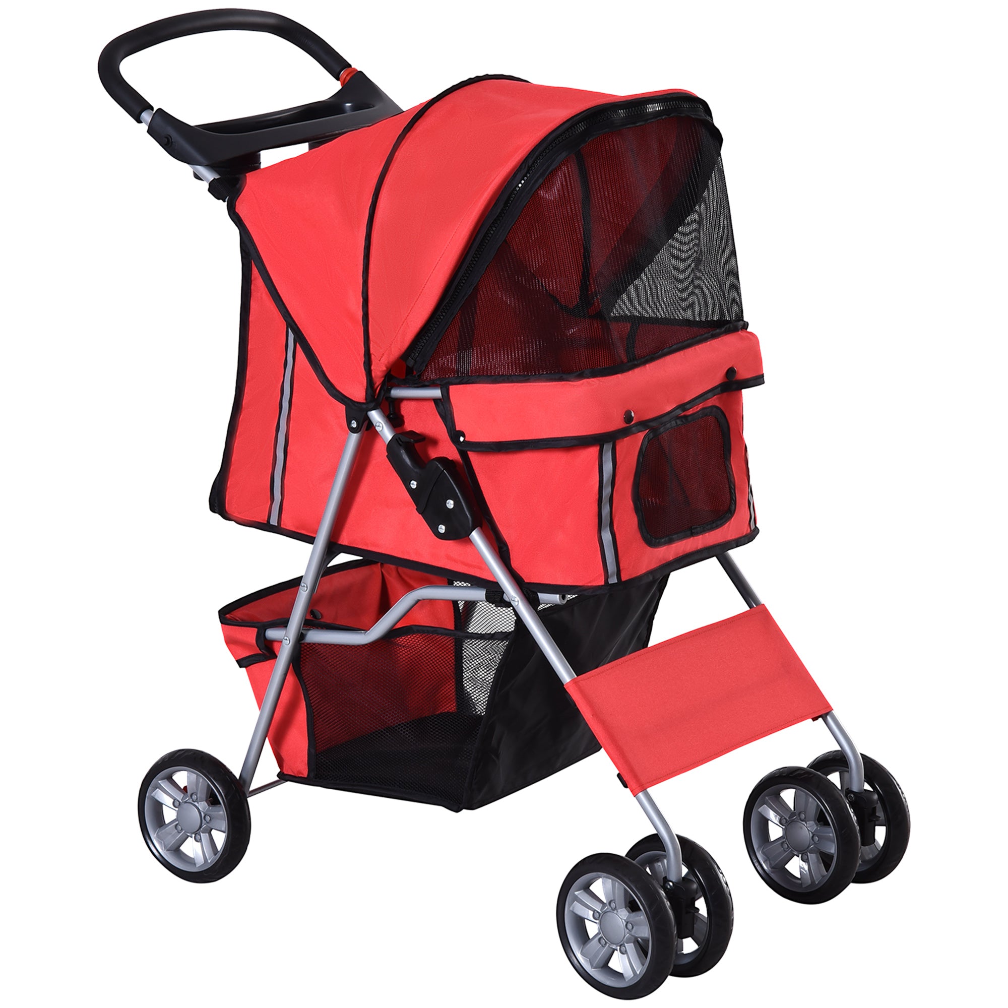 PawHut Pet Stroller for Small Miniature Dogs Cats Foldable Travel Carriage with Wheels Zipper Entry Cup Holder Storage Basket Red - North Peak Garden Furniture