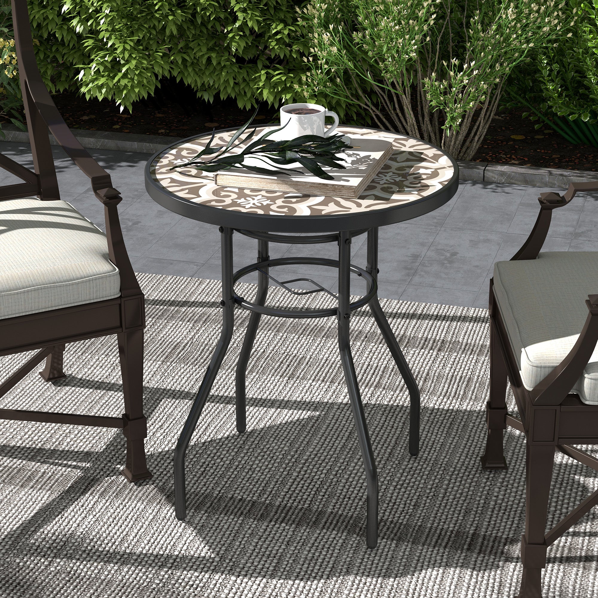 Outsunny Φ60 Garden Table, with Glass Printed Tabletop - Brown - North Peak Garden Furniture