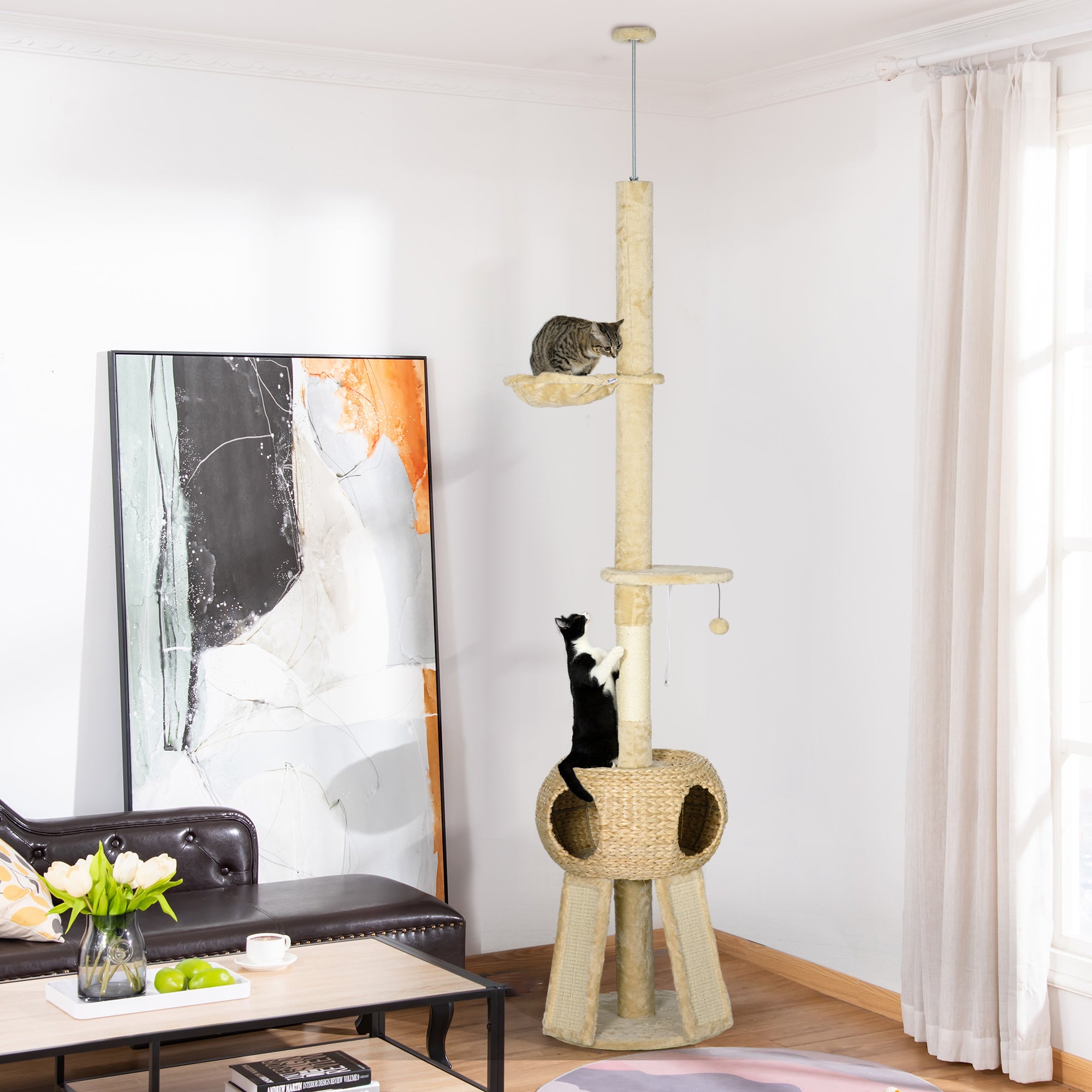 PawHut 255cm Cat Tree Tower for Indoor Cats, with Scratching Post, Cat House, Platform - Beige - North Peak Garden Furniture