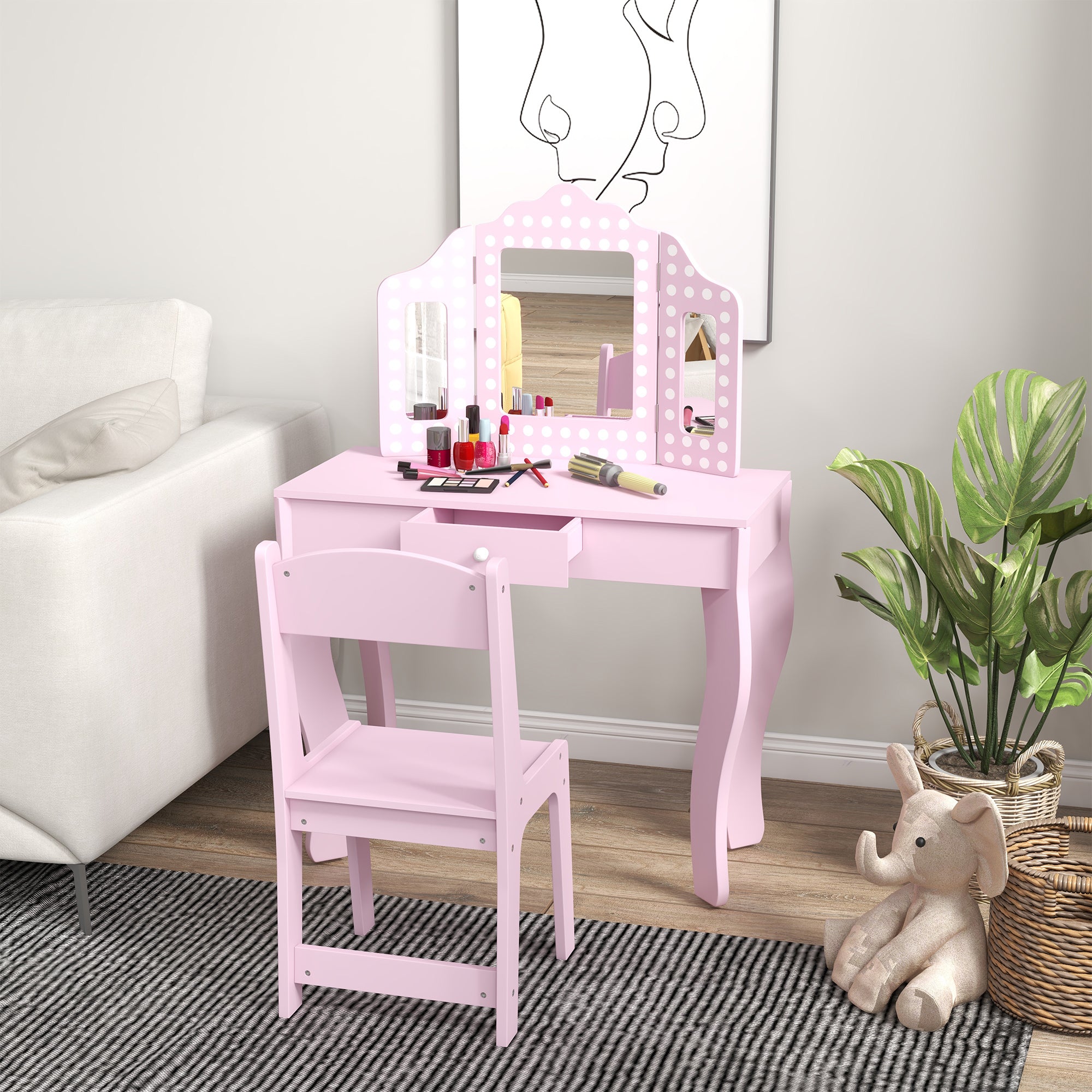 AIYAPLAY Kids Dressing Table Sets with Stool and Tri-Fold Mirror, Drawer for Playroom, Bedroom - Pink - North Peak Garden Furniture