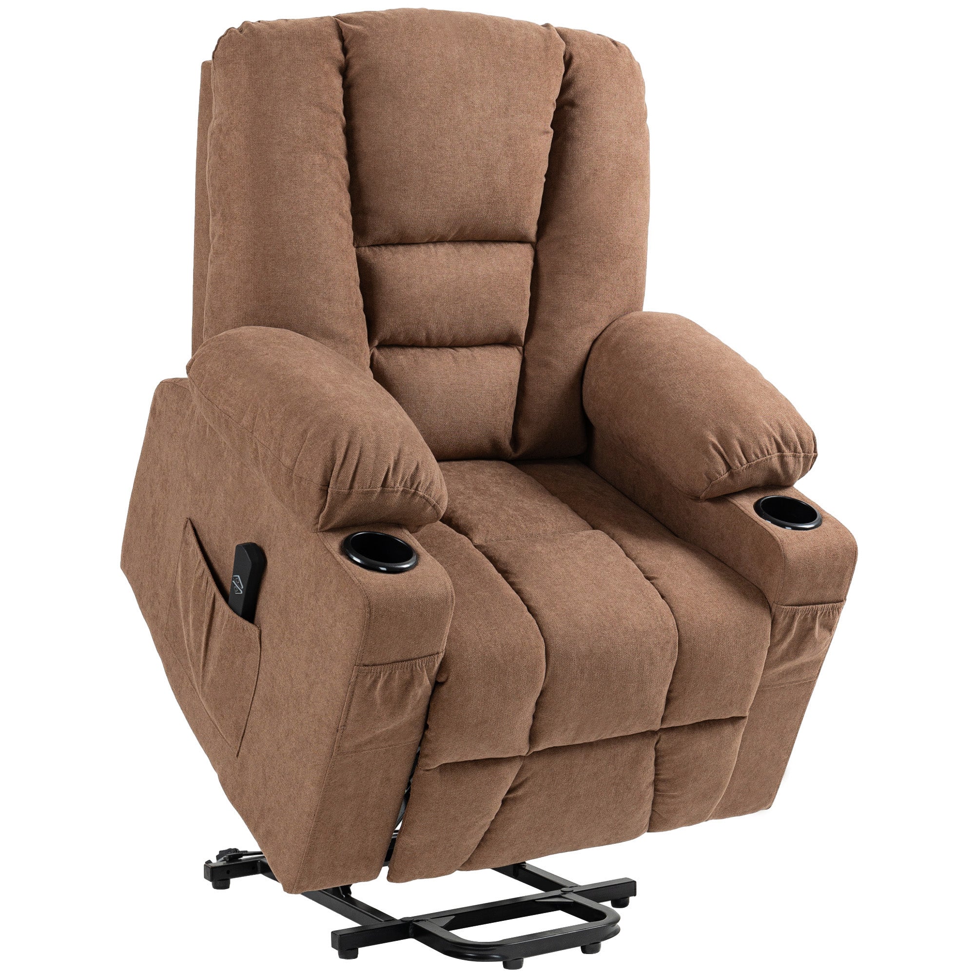 HOMCOM Oversized Riser and Recliner Chairs for the Elderly, Fabric Upholstered Lift Chair for Living Room with Remote Control, Side Pockets, Cup Holder, Brown - North Peak Garden Furniture