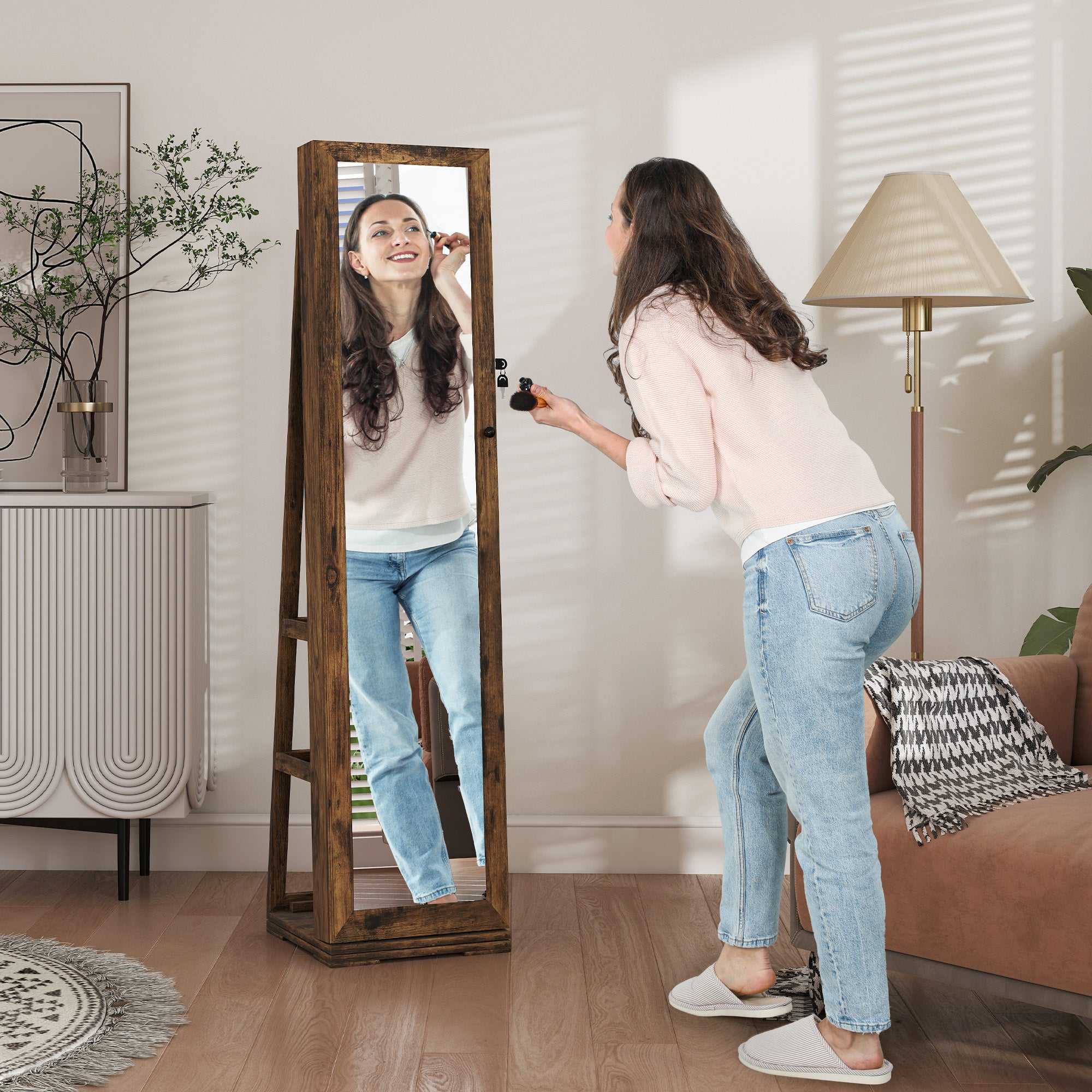 HOMCOM 360° Swivel Jewellery Cabinet, Mirror Armoire, Full Length Mirror, Lockable Jewellery Organiser with Built-In Small Mirror, Rustic Brown