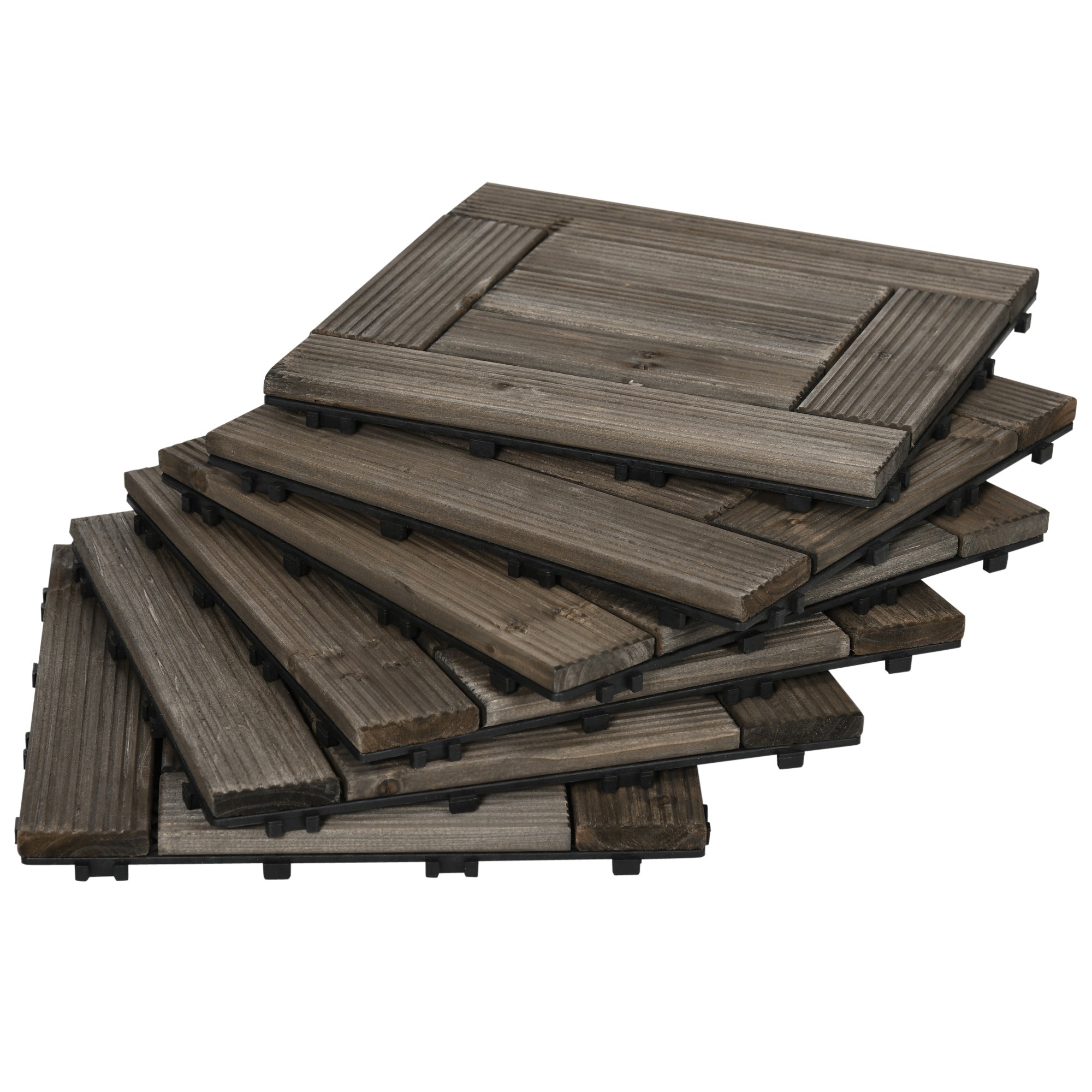 Outsunny 27 Pcs Wooden Interlocking Decking Tiles, 30 x 30 cm Outdoor Flooring Tiles, 2.5㎡ per Pack, for Patio, Balcony, Terrace, Hot Tub, Charcoal Grey - North Peak Garden Furniture