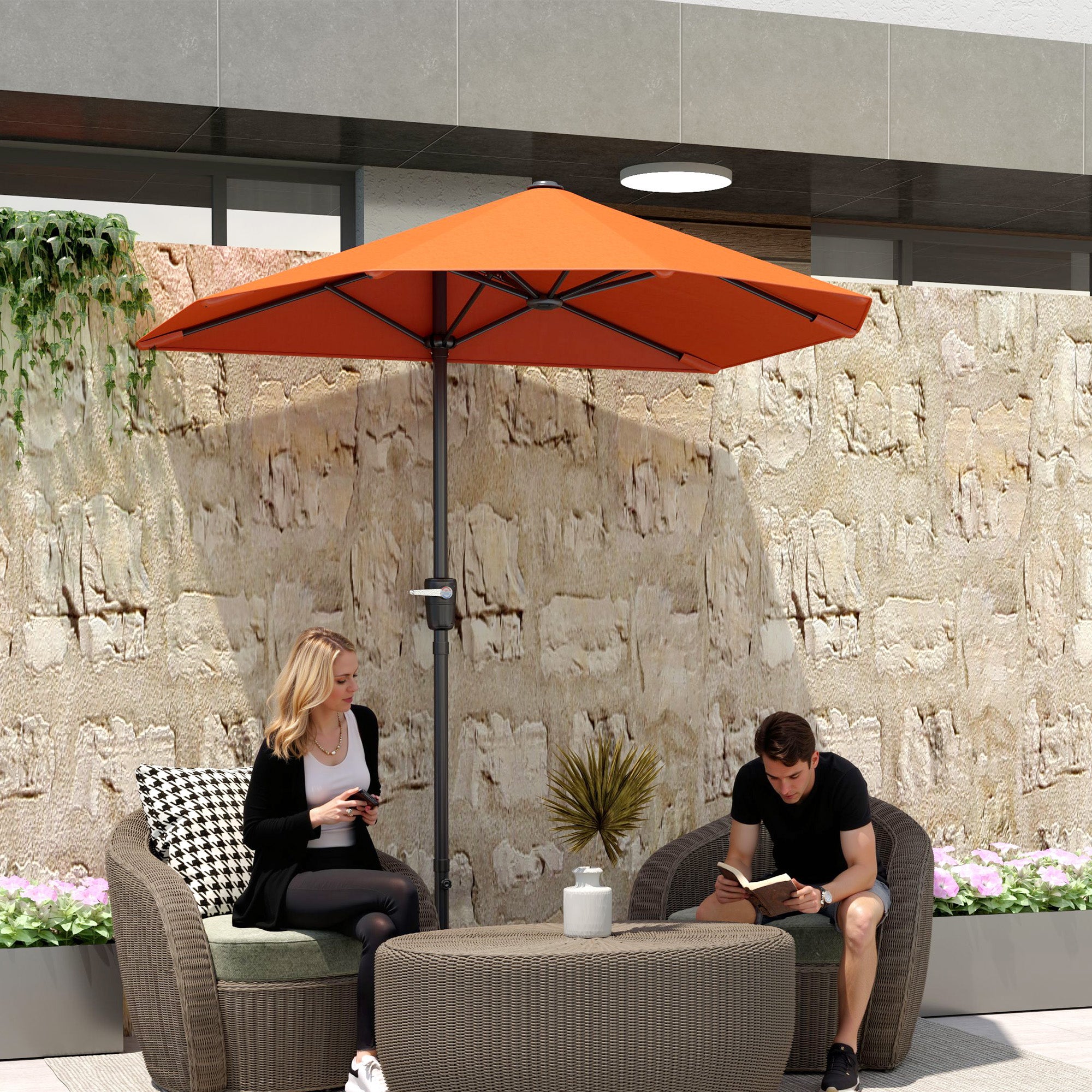 Outsunny 2m Half Parasol Market Umbrella Garden Balcony Parasol with Crank Handle, Cross Base, Double-Sided Canopy, Orange - North Peak Garden Furniture