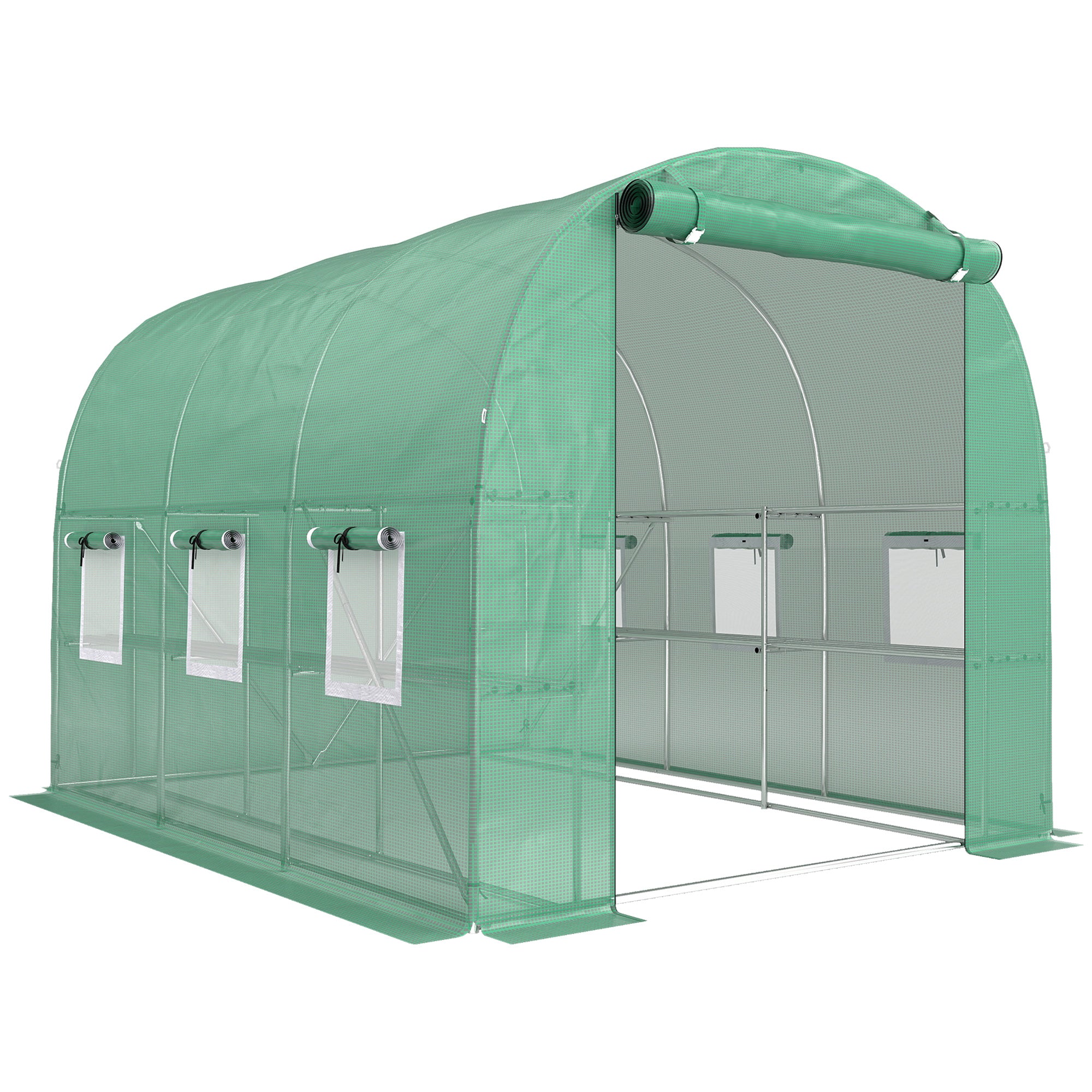 Outsunny Walk-in Greenhouse with Shelves, Polytunnel Greenhouse with Roll-Up Door, 6 Mesh Windows,198 x 275 x 191 cm, Green