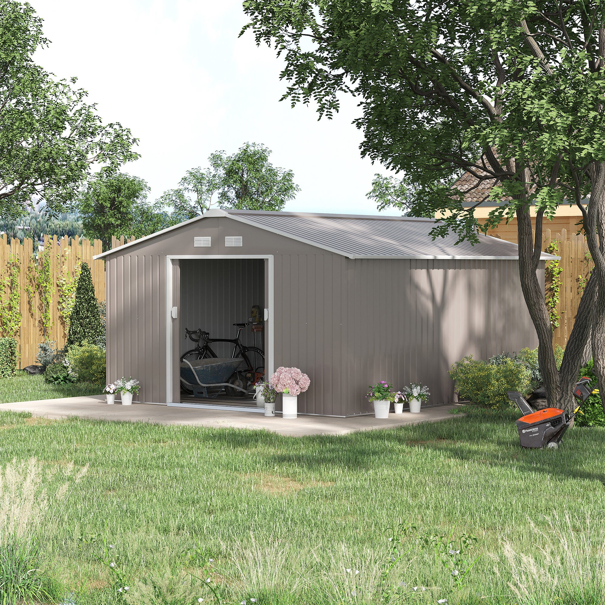 Outsunny 13 x 11ft Garden Metal Storage Shed Outdoor Storage Shed with Foundation Kit Ventilation & Doors, Light Grey - North Peak Garden Furniture