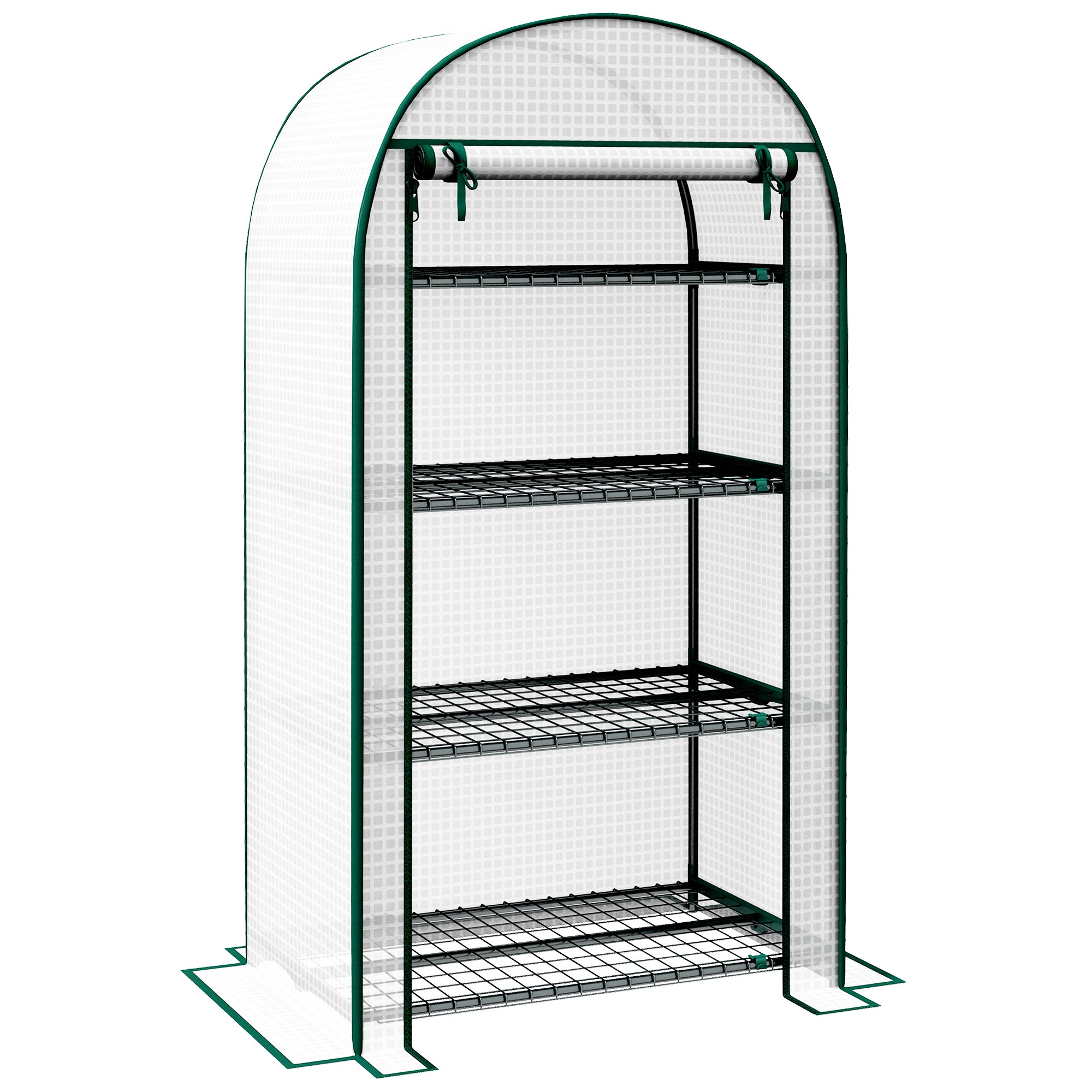 Outsunny 80 x 49 x 160cm Mini Greenhouse for Outdoor, Portable Gardening Plant Green House with Storage Shelf, Roll-Up Zippered Door, Metal Frame and PE Cover, White - North Peak Garden Furniture