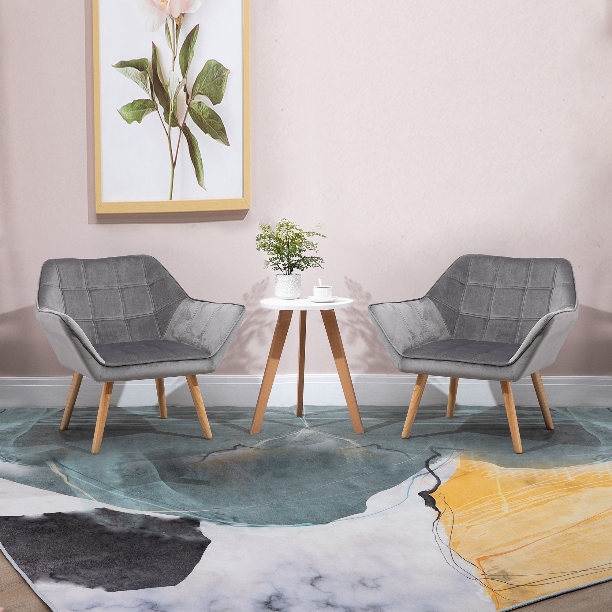 HOMCOM Armchair Accent Chair, Vanity Chair with Wide Arms, Slanted Back, Padding, Metal Frame, Wooden Legs, Home Bedroom Furniture Seating, Grey - North Peak Garden Furniture