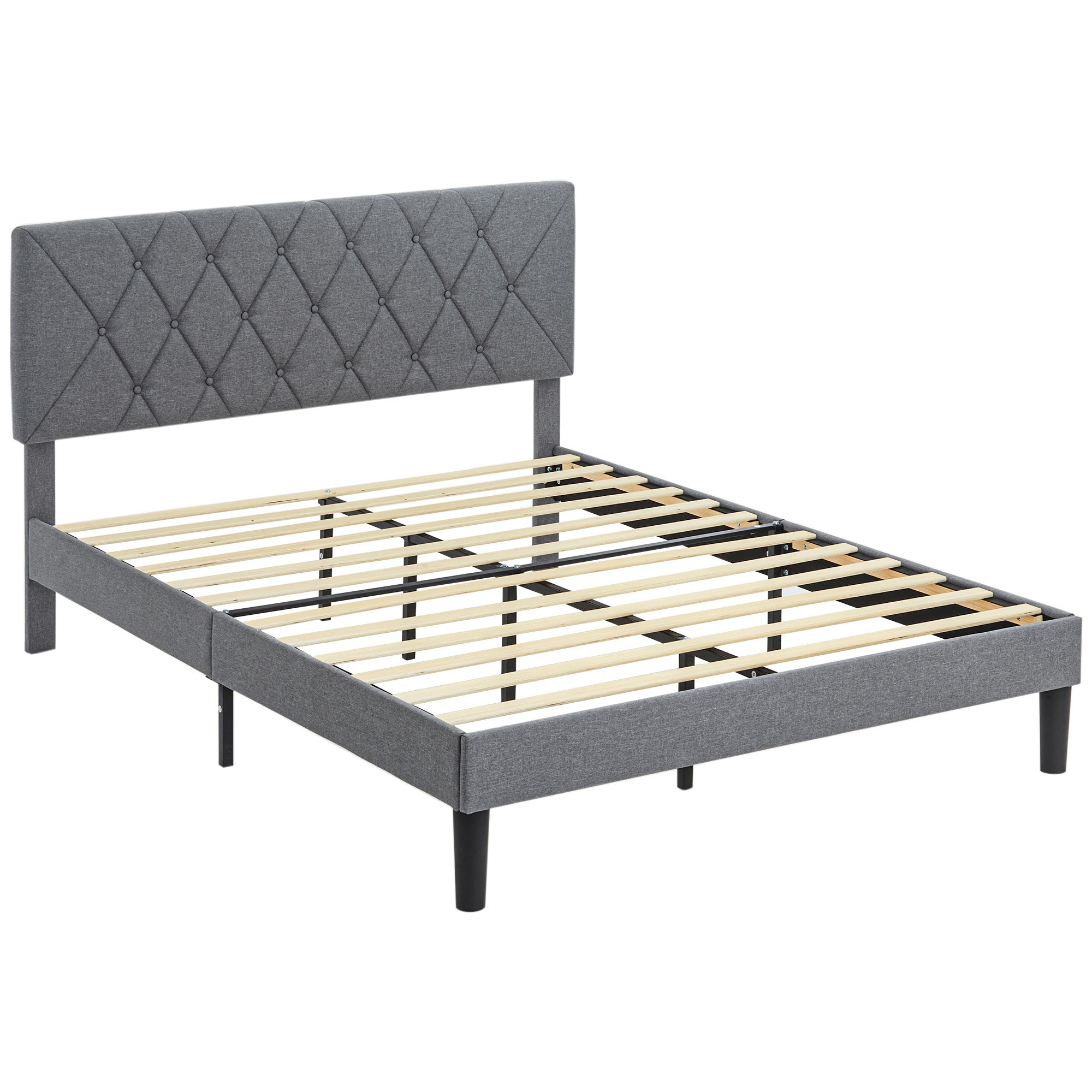 HOMCOM Double Bed Frame with 5-Level Adjustable Linen Upholstered Headboard, Wooden Slats Mattress Foundation, No Box Spring Needed, Grey - North Peak Garden Furniture