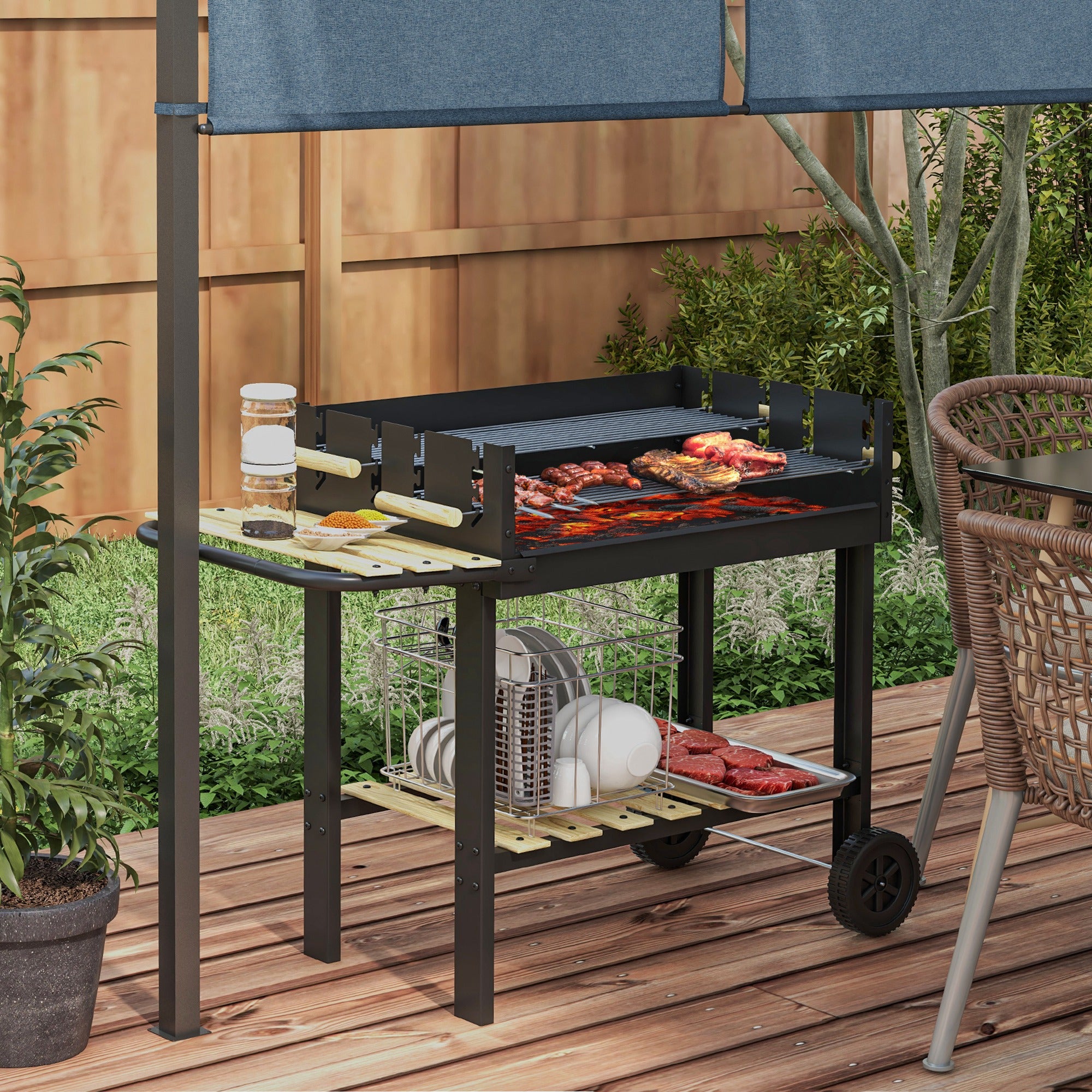 Outsunny Charcoal BBQ Grill, Barbecue Trolley with Double Adjustable Grill, Side Table, Storage Shelf and Wheels for Outdoor Garden Party Cooking, Black