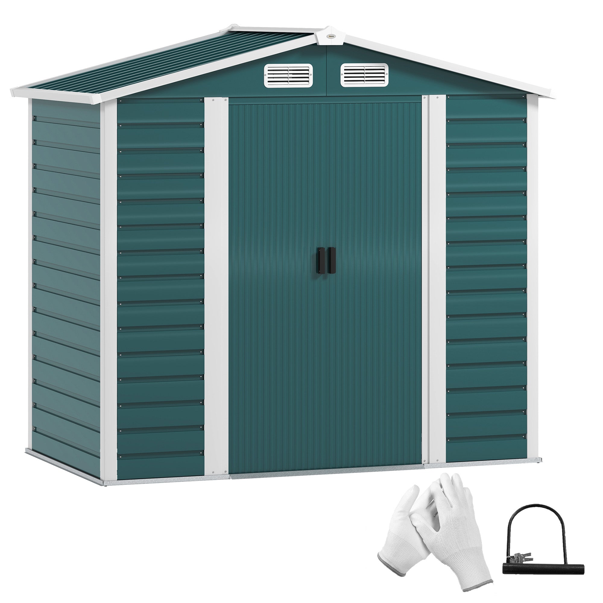 Outsunny 7 x 4ft Garden Shed, Easy to Assemble, Upgraded Galvanised Steel Frame with Foundation Kit, Double Doors with Lock, Outdoor Metal Shed with Vents and Gloves, Garden Storage Shed, Green - North Peak Garden Furniture