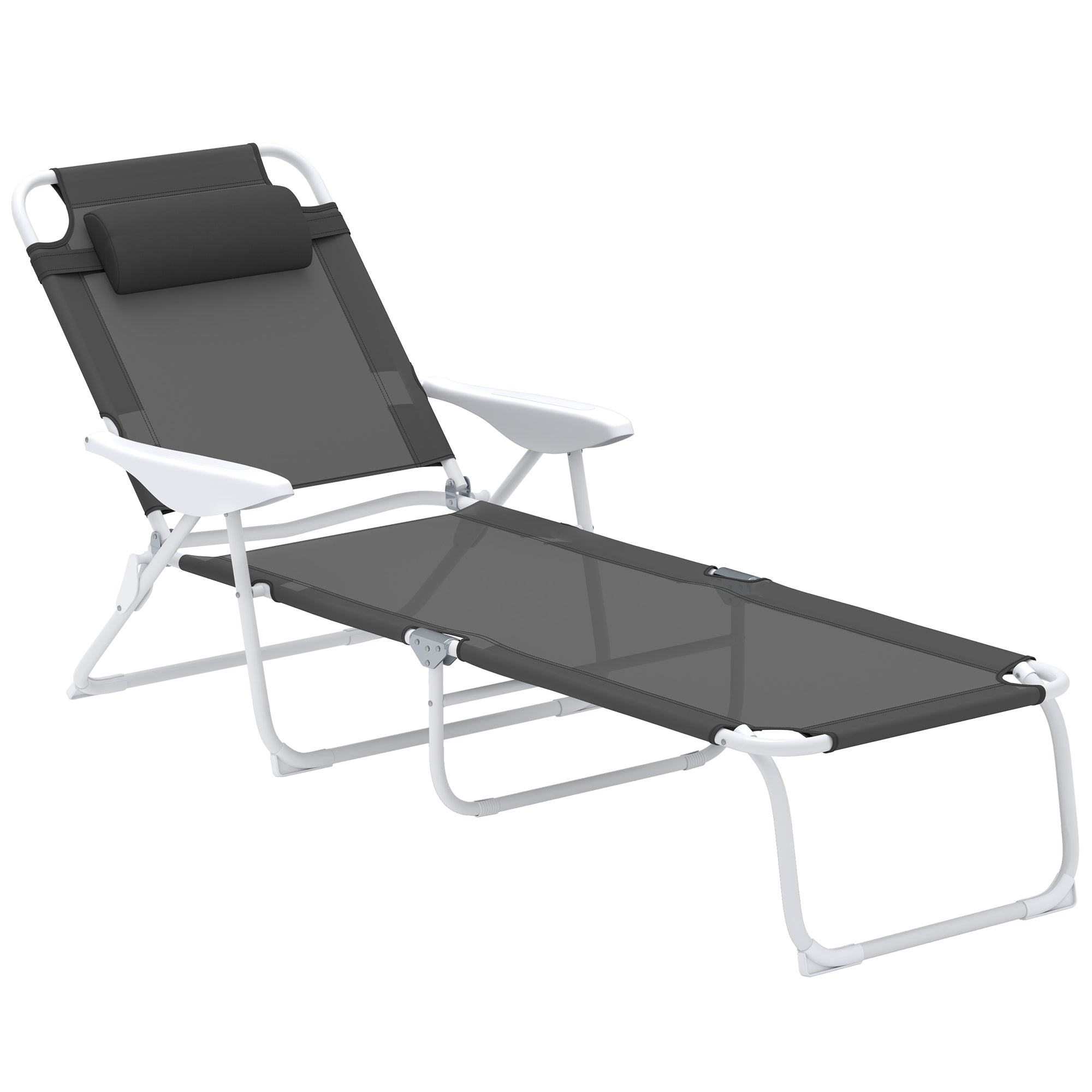 Outsunny Foldable Lounge Chair with 4-Level Adjustable Backrest & Headrest - Charcoal Grey - North Peak Garden Furniture