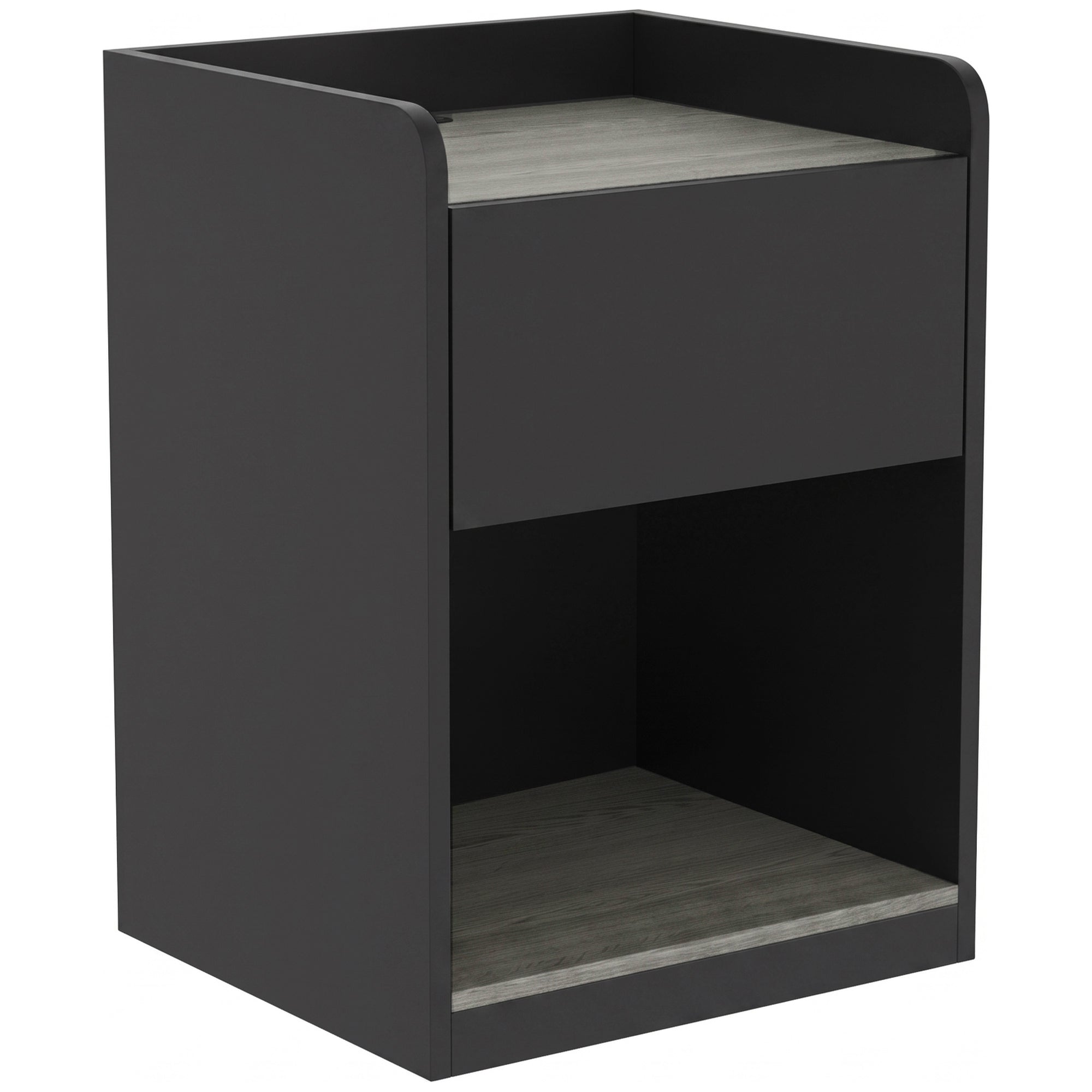 HOMCOM Modern Bedside Table, Slim Nightstand with Drawer, Shelf and Cable Holes, Black and Grey Wood Effect
