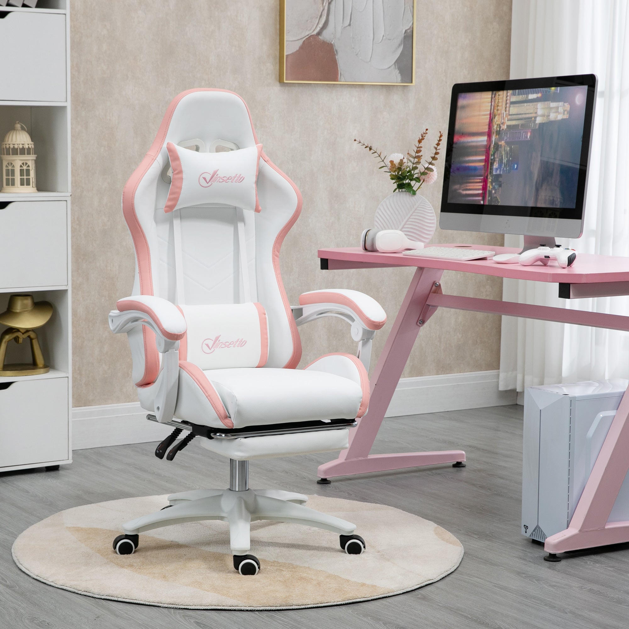 Vinsetto Computer Gaming Chair, PU Leather Desk Chair with Footrest, Swivel Task Chair with 135° Reclining Back and Lumbar Support, PC Chair for Adults, White and Pink - North Peak Garden Furniture