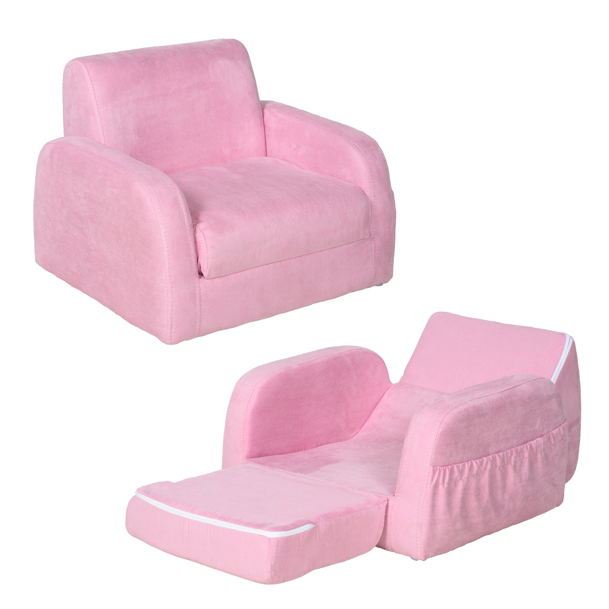 HOMCOM 2-in-1 Kids Armchair, Toddler Sofa Bed, with Wood Frame, for Bedroom, Playroom - Pink - North Peak Garden Furniture